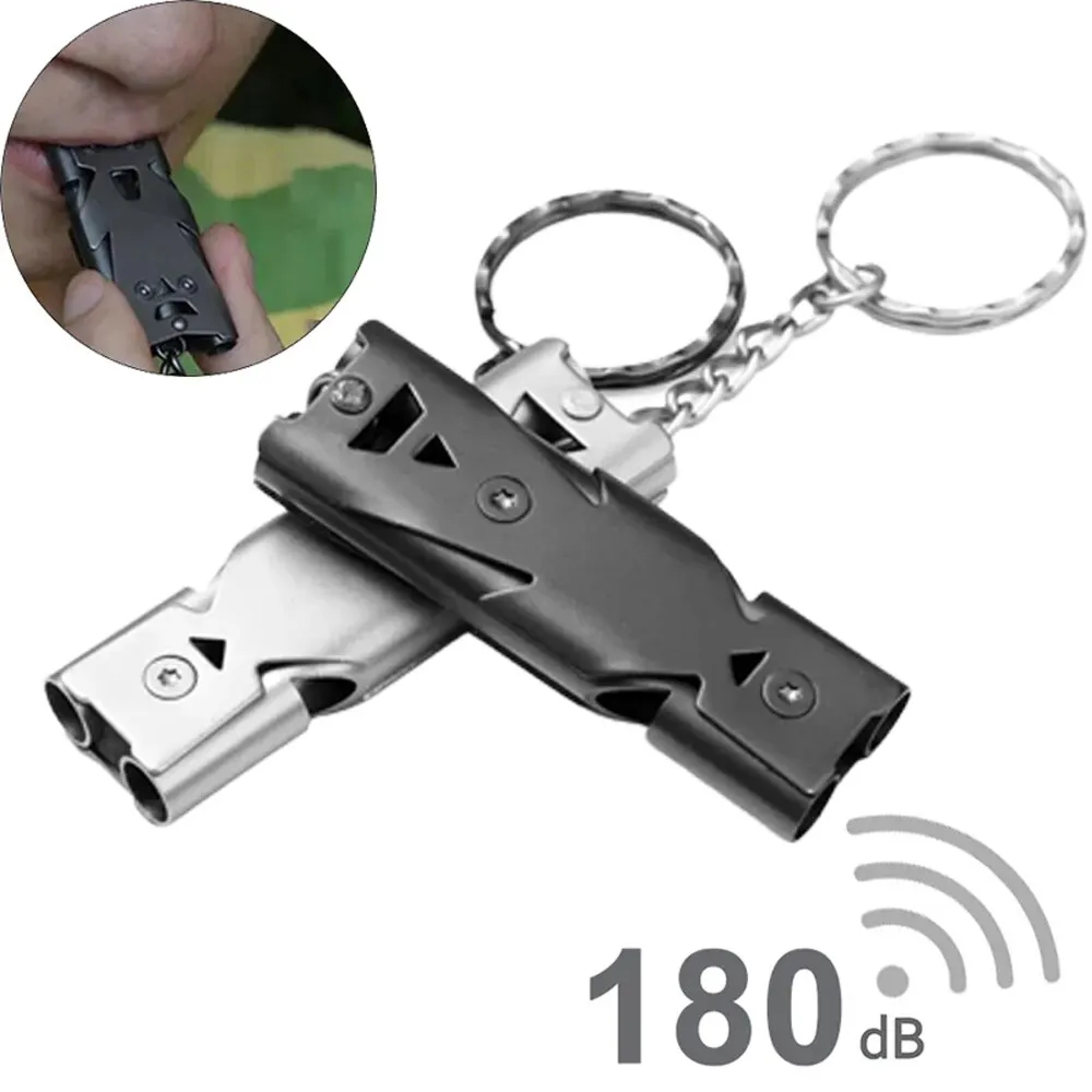 Double Pipe Survival Whistle Keychain Stainless Steel Emergency Whistle for Camping & Hiking – view 2