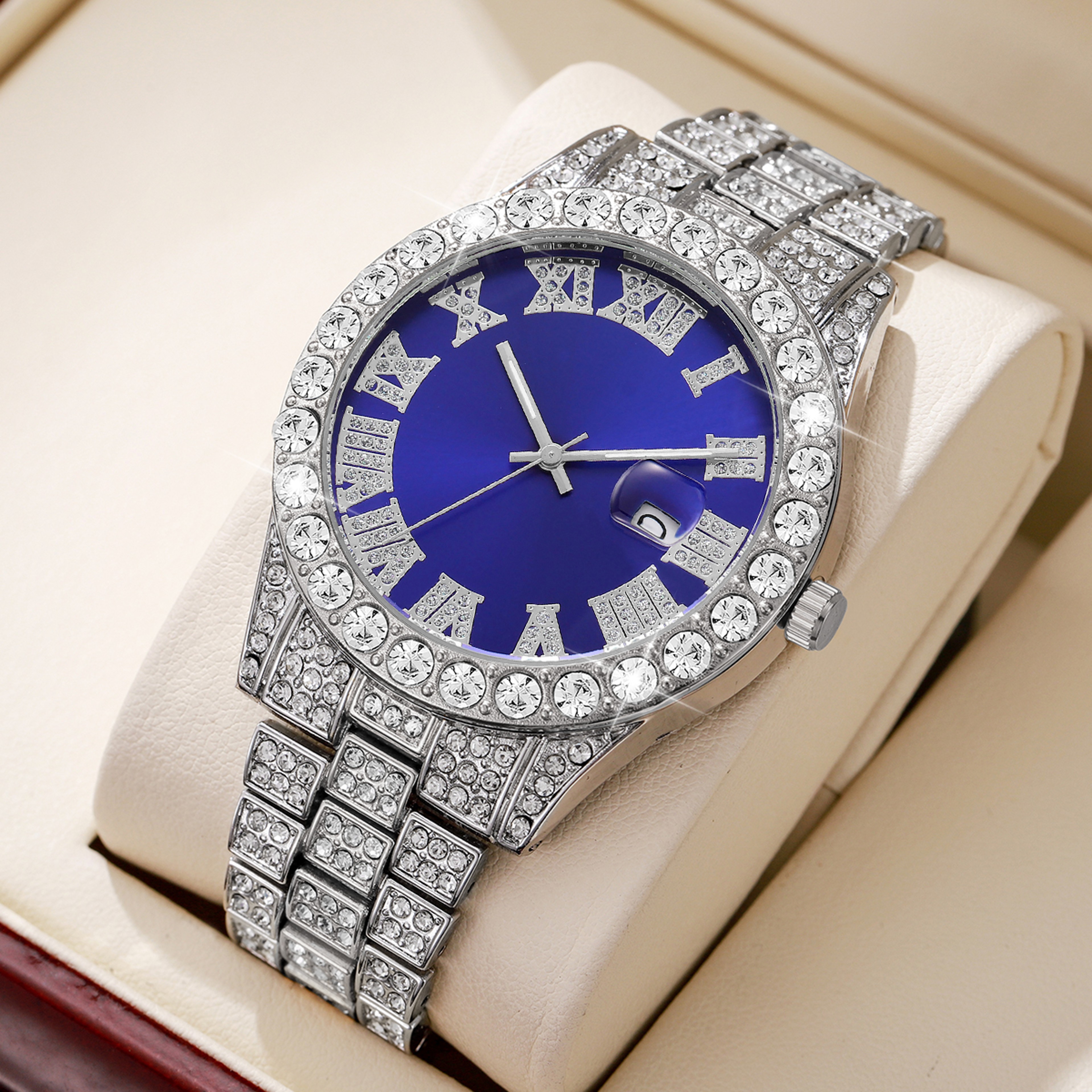 Luxury Men's Quartz Watch with Steel Band, Calendar Display & Diamond Style Business Design – view 8