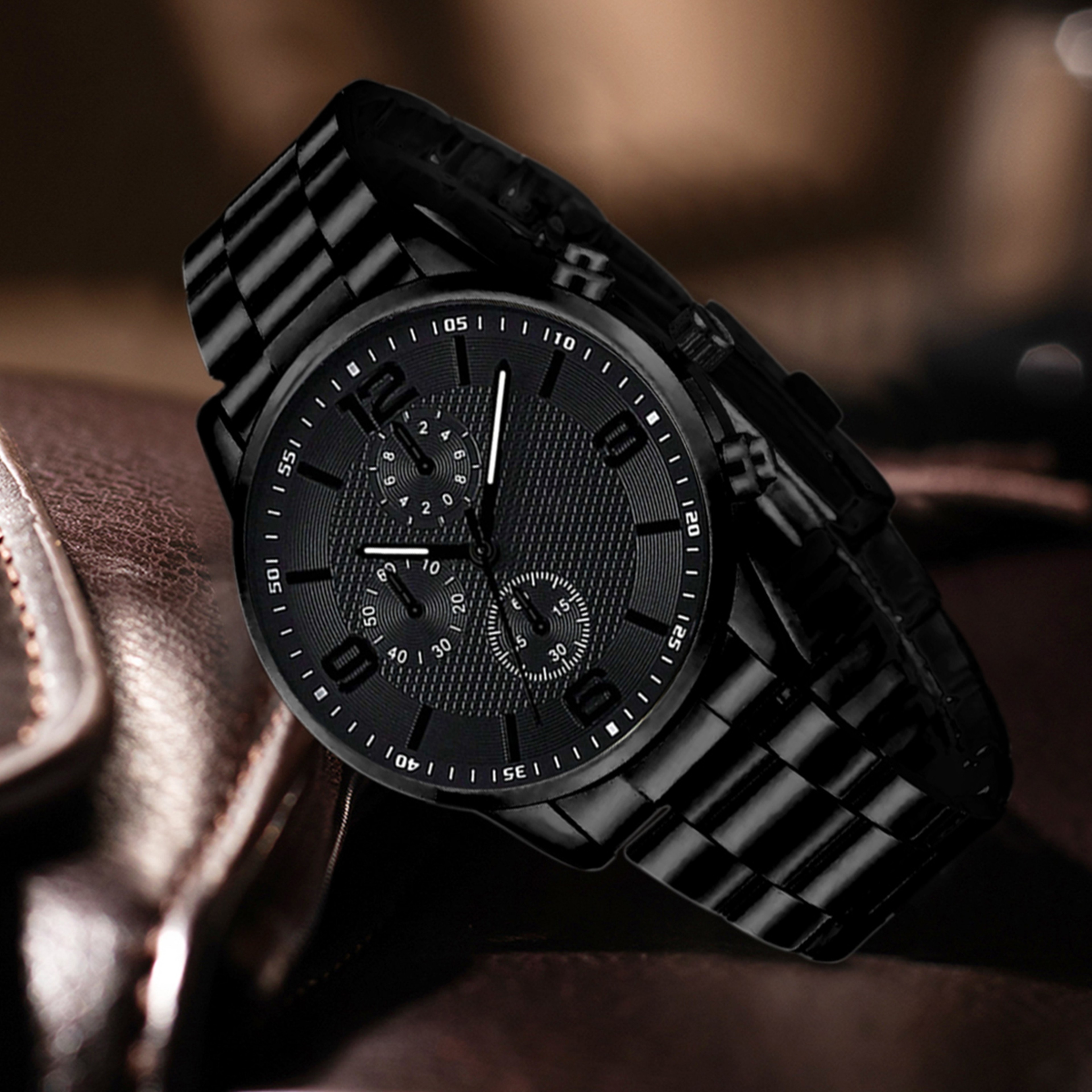 Black Mens Quartz Watch Set With Bracelet Necklace Ring Business Fashion Gift Set 1