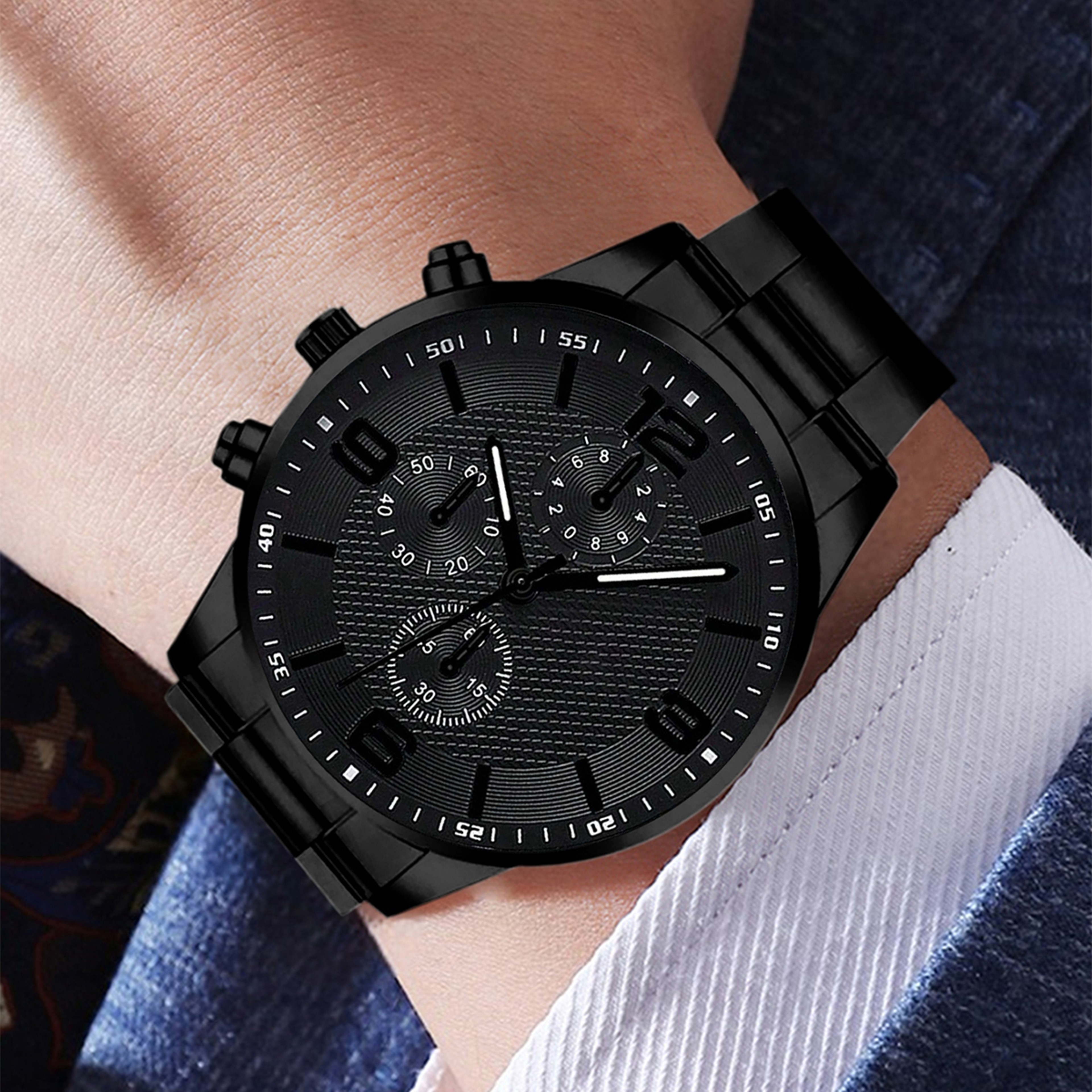 Black Mens Quartz Watch Set With Bracelet Necklace Ring Business Fashion Gift Set 2