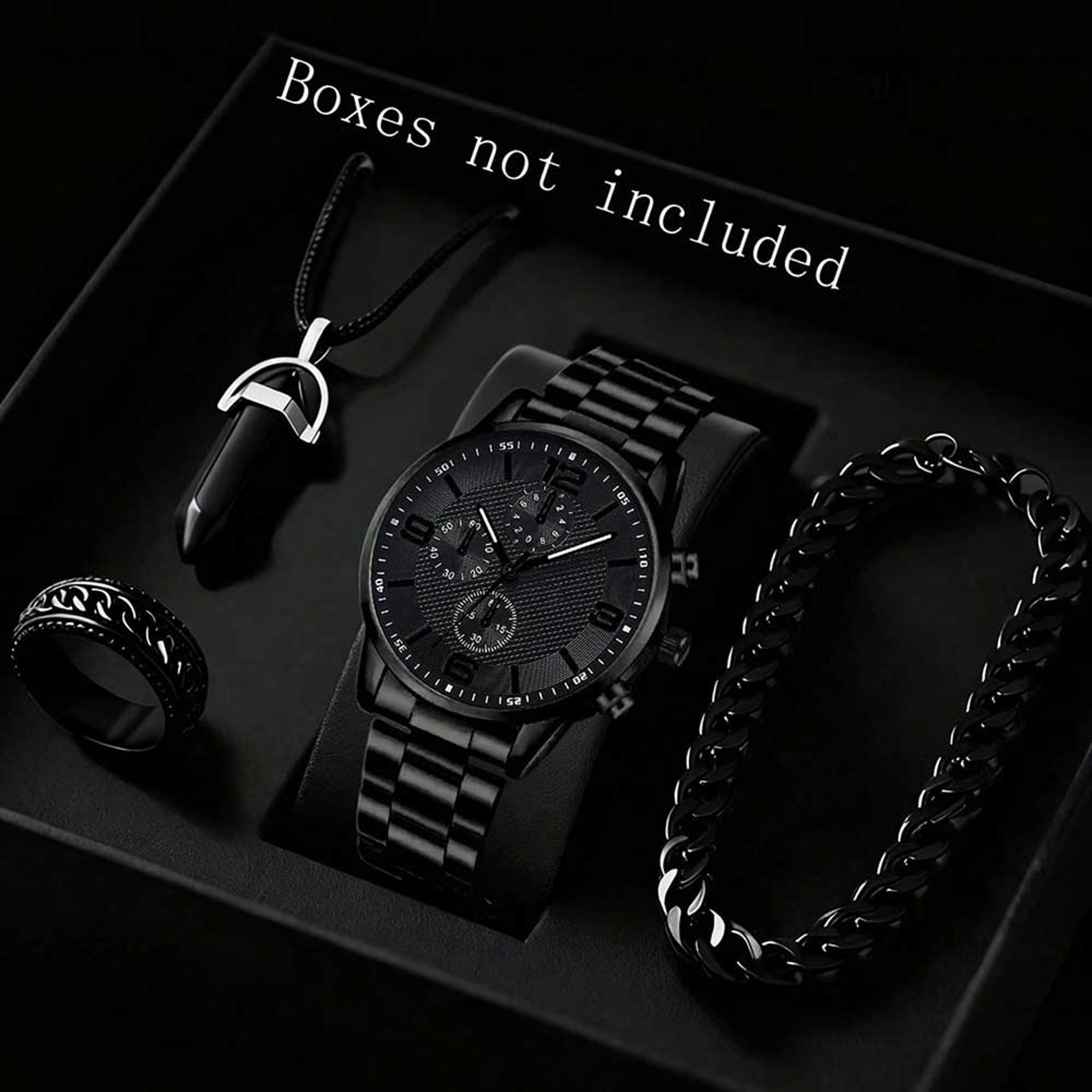Black Mens Quartz Watch Set With Bracelet Necklace Ring Business Fashion Gift Set 5