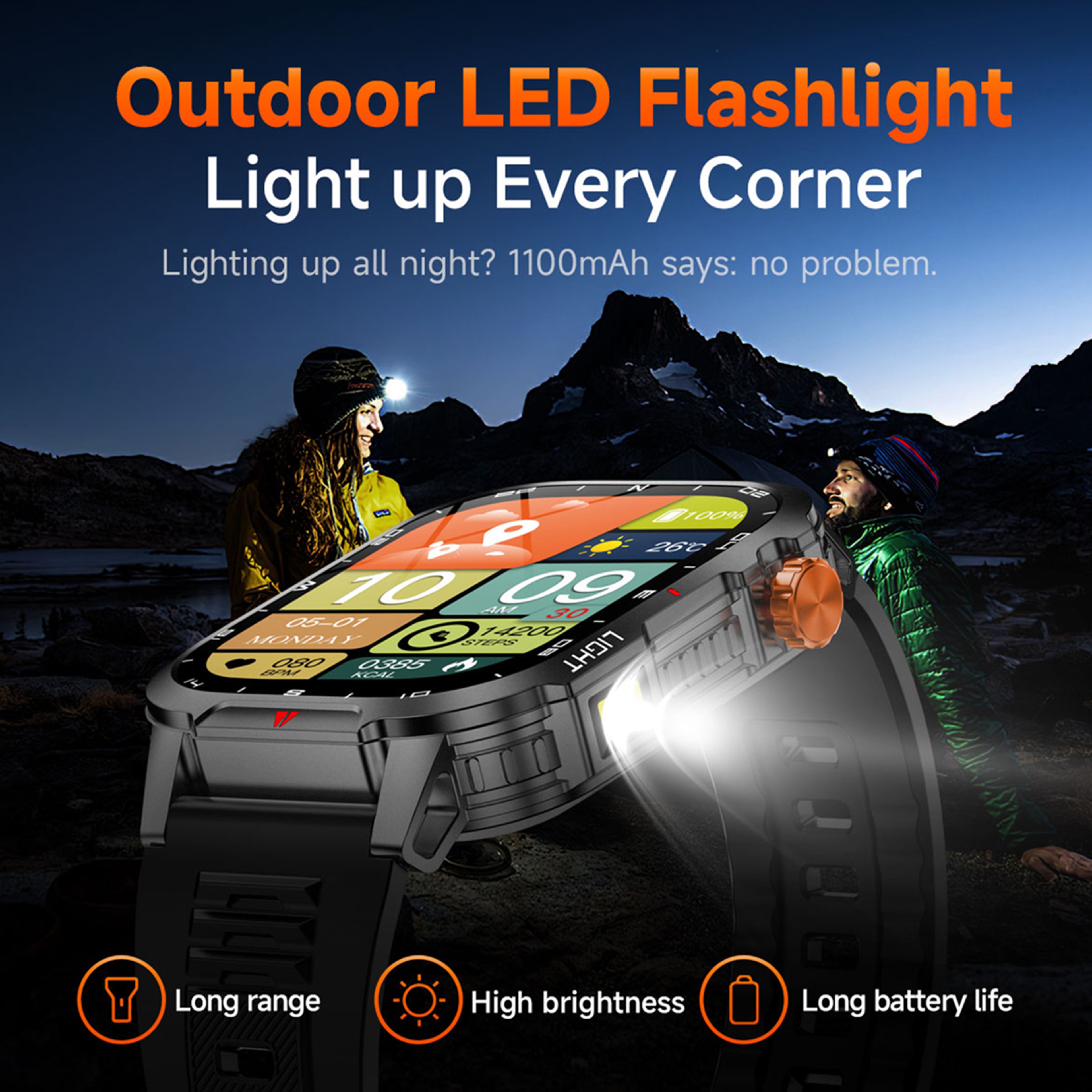 Rugged Outdoor Smartwatch with Bluetooth Calling, Compass, LED Flashlight – view 3