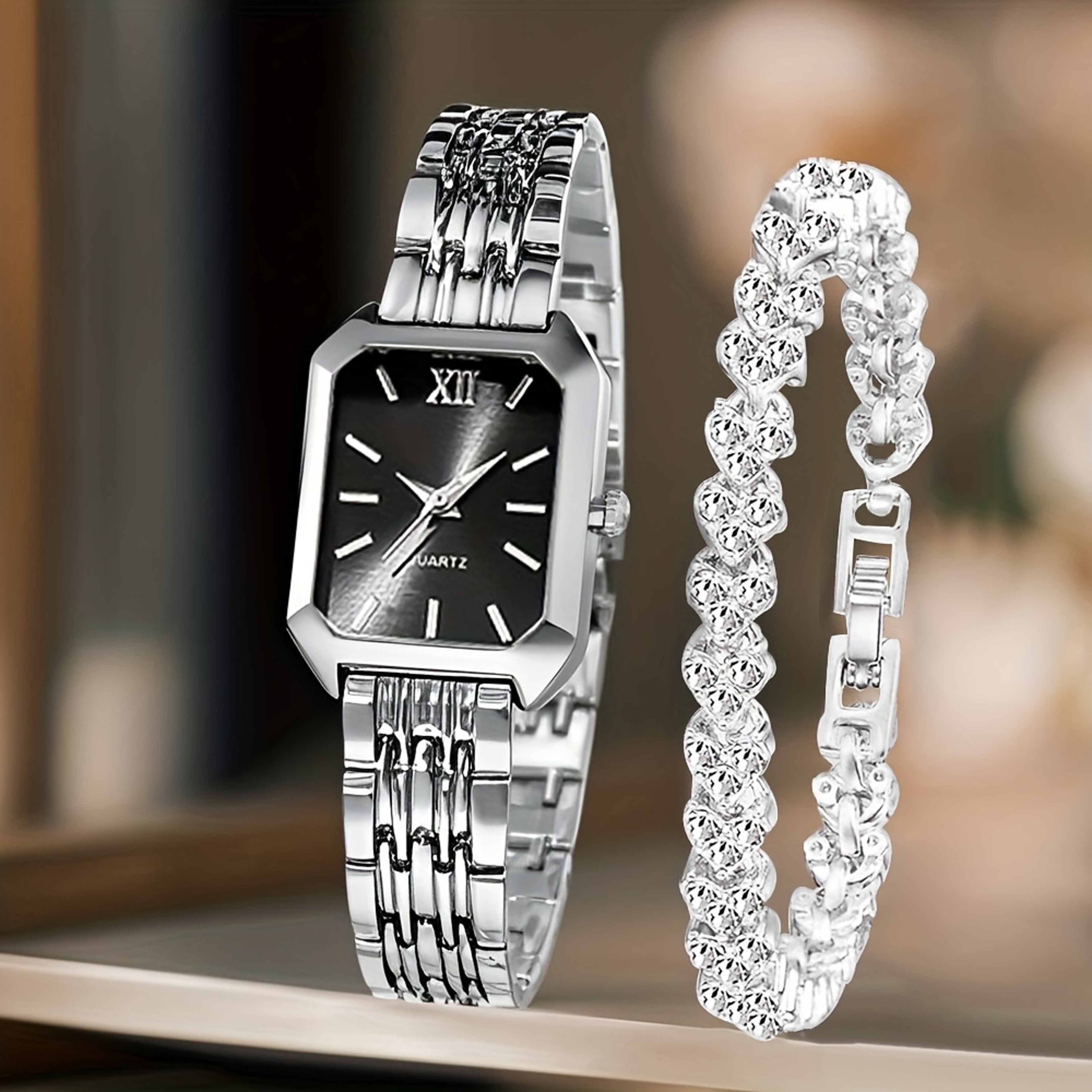 Luxury Women's Quartz Watch Set with Rhinestone Bracelet & Rectangle Roman Dial Dress Watch – view 7
