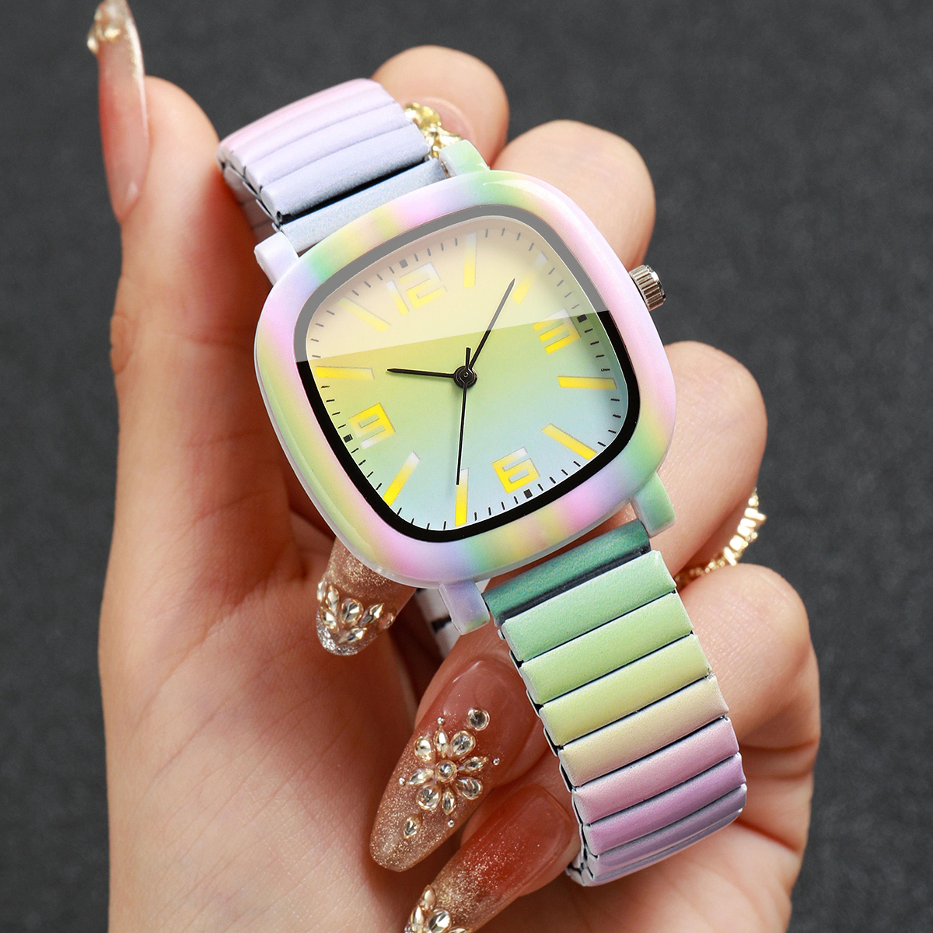 Rainbow Gradient Women's Quartz Watch with Elastic Strap Colorful Square Fashion Wrist Watch – view 3
