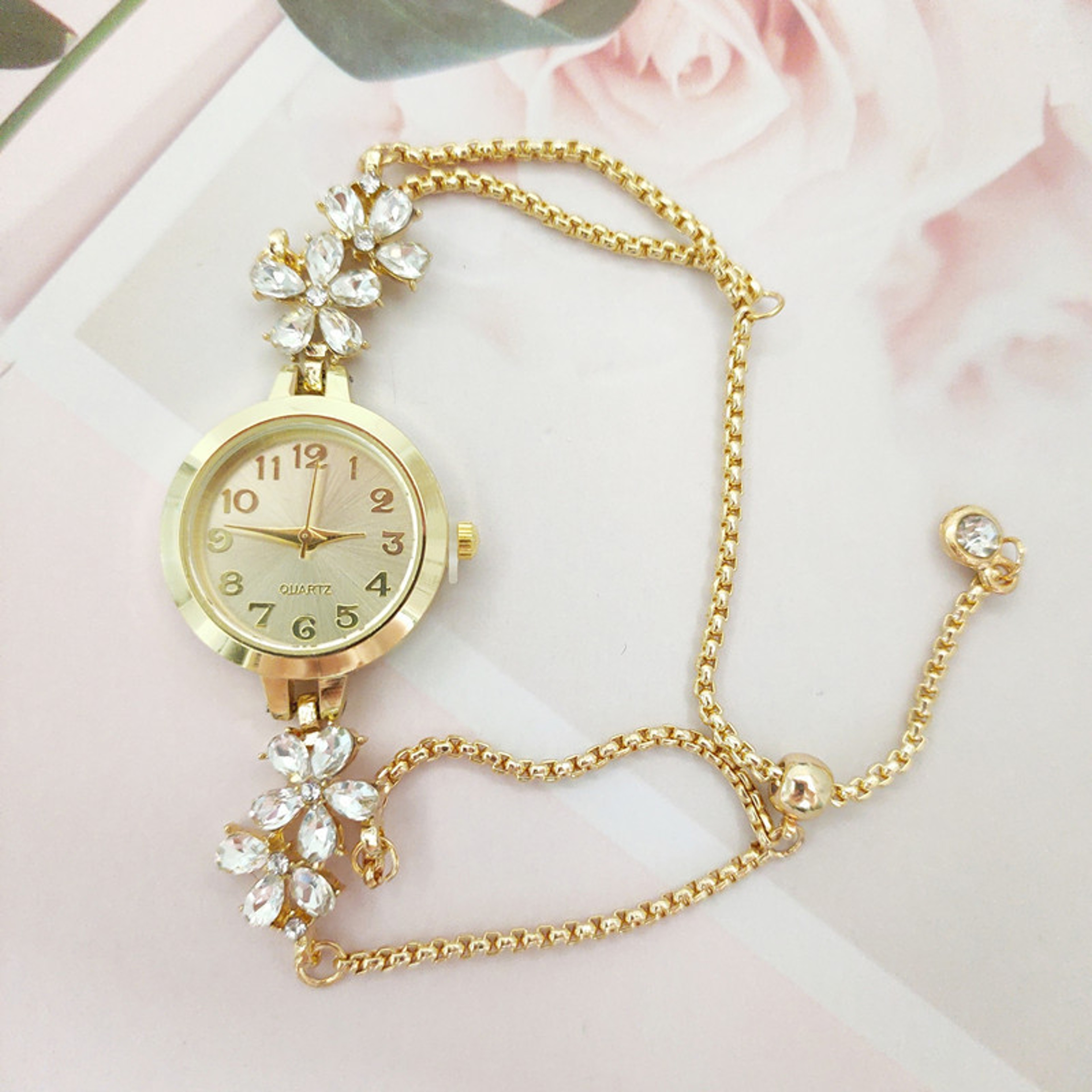 Elegant Womens Quartz Watch With Floral Diamond Accent  Adjustable Drawstring Bracelet 1