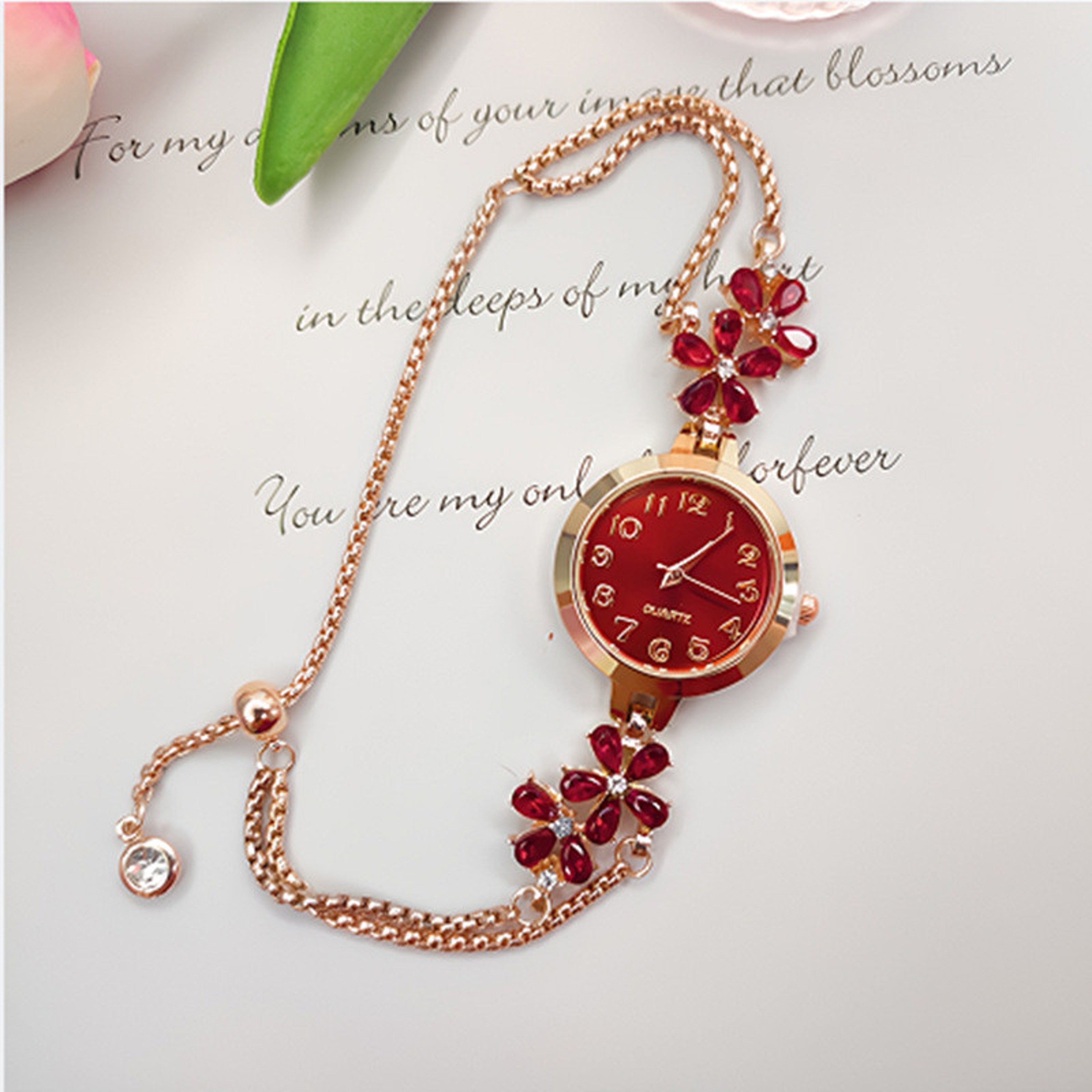 Elegant Womens Quartz Watch With Floral Diamond Accent  Adjustable Drawstring Bracelet 3