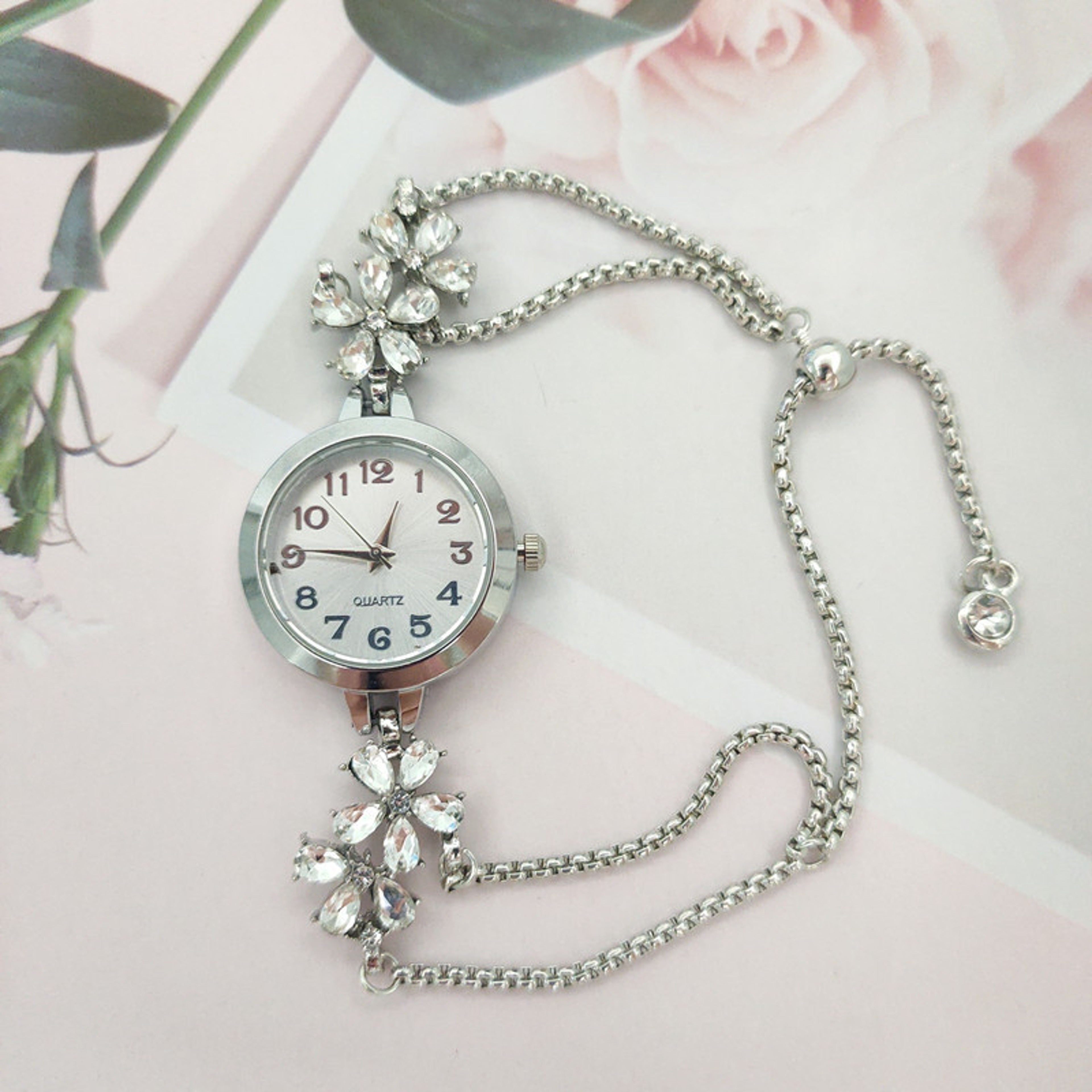 Elegant Womens Quartz Watch With Floral Diamond Accent  Adjustable Drawstring Bracelet 6