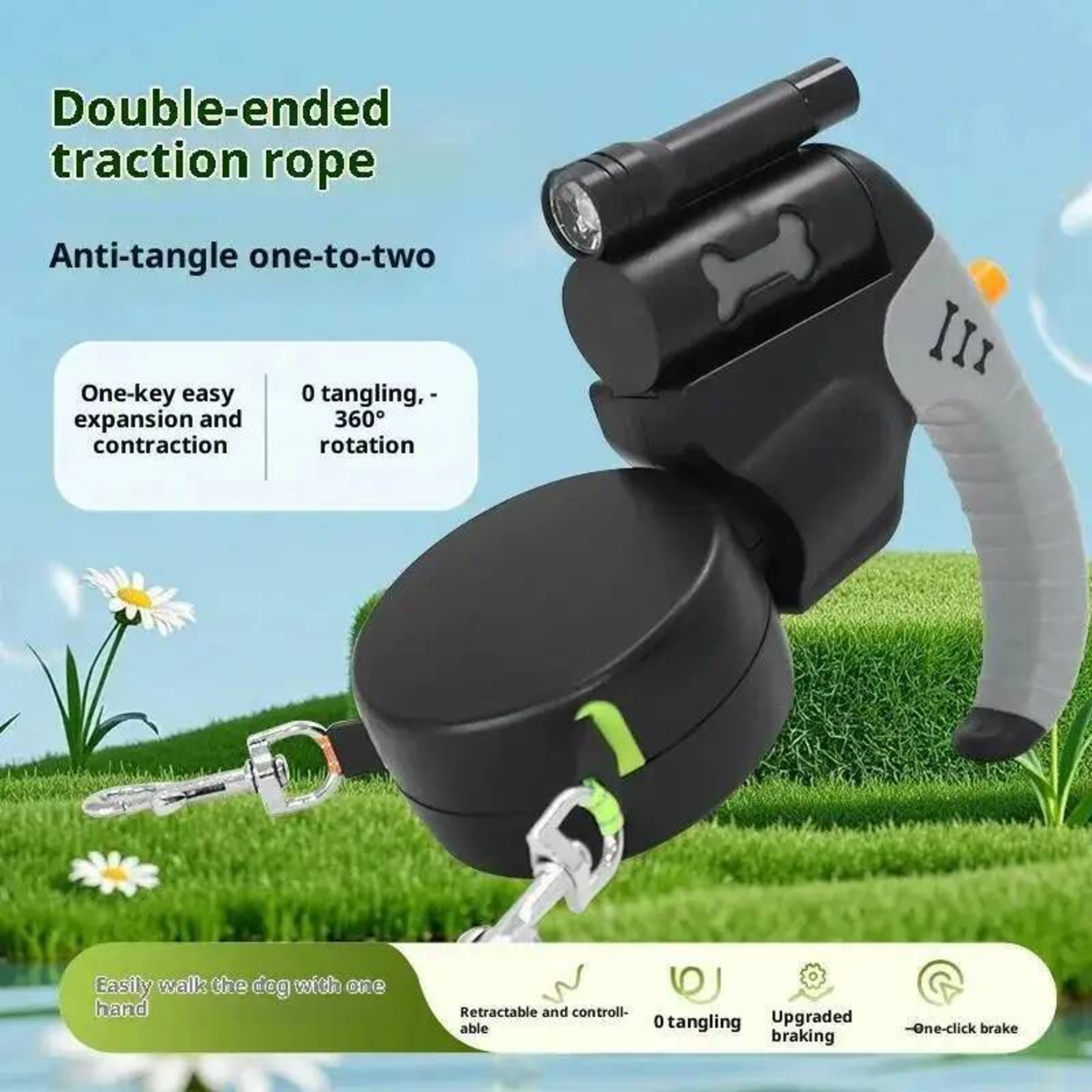 Dual Retractable Dog Leash with LED Flashlight for Dogs Tangle Free Dog Leash – view 3
