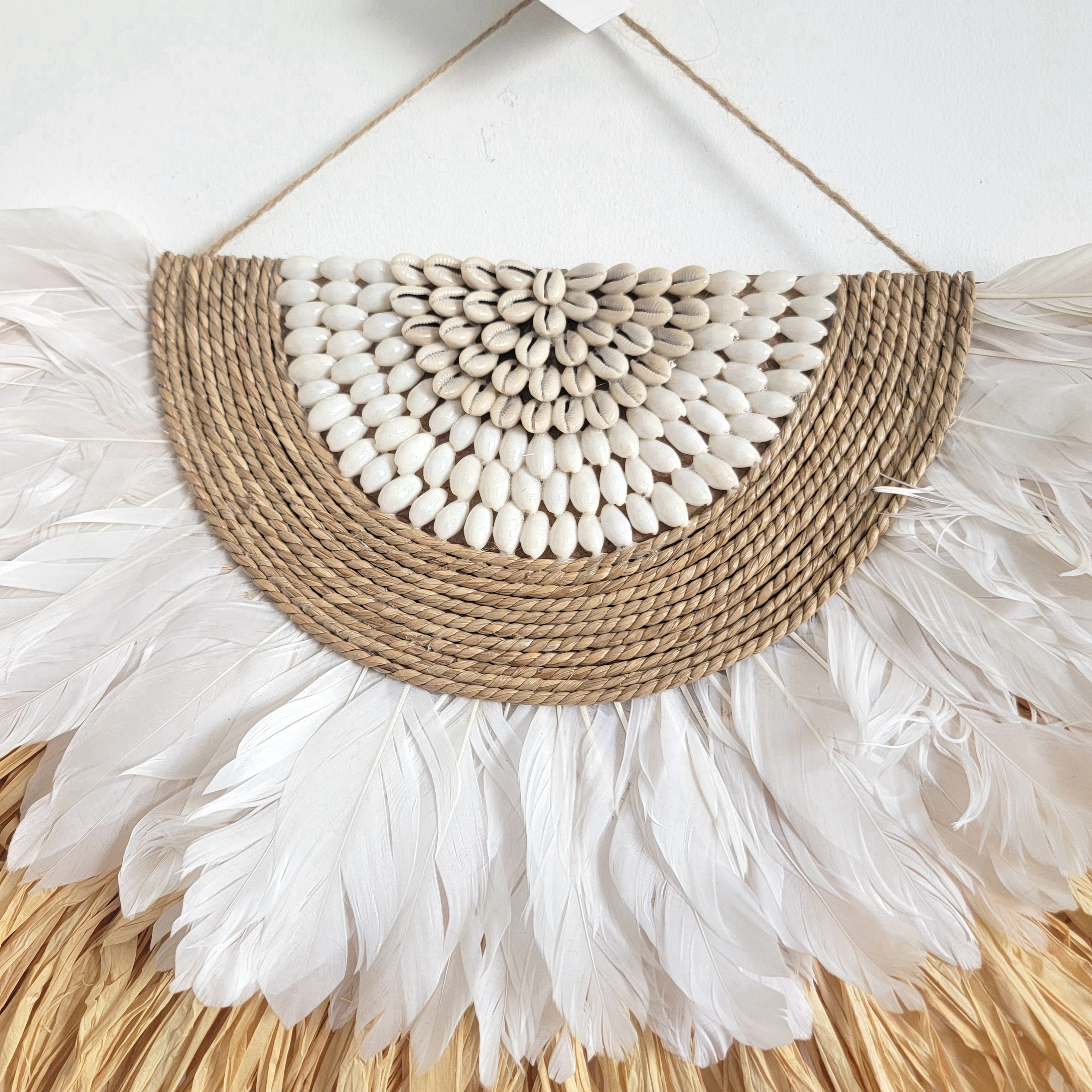 Boho Raffia Wall Decor Handmade Natural Fiber Feather Wall Hanging Art – view 2