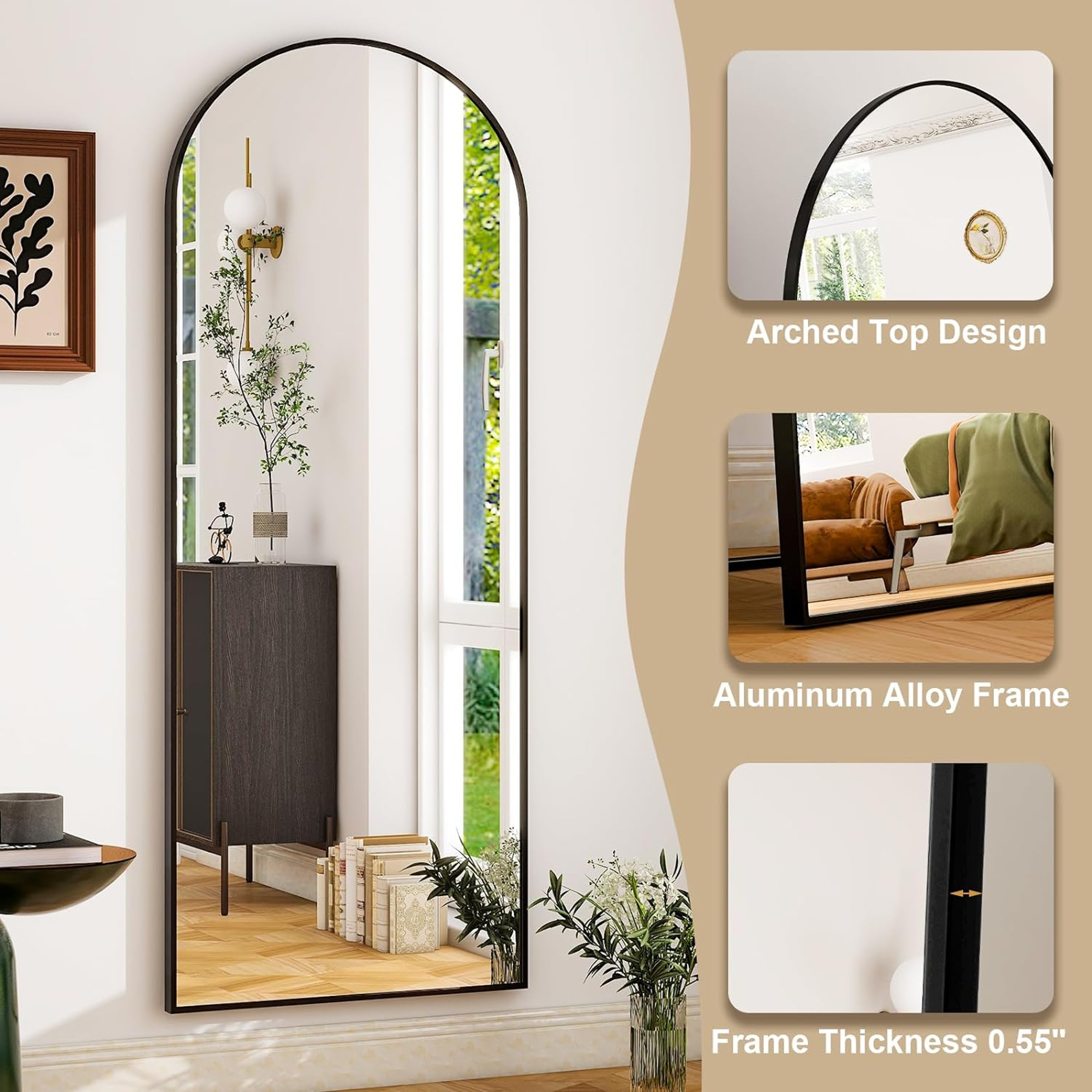 Elegant Full Length Mirror Arched Floor Mirror with Aluminum Frame & HD Shatterproof Glass – view 3