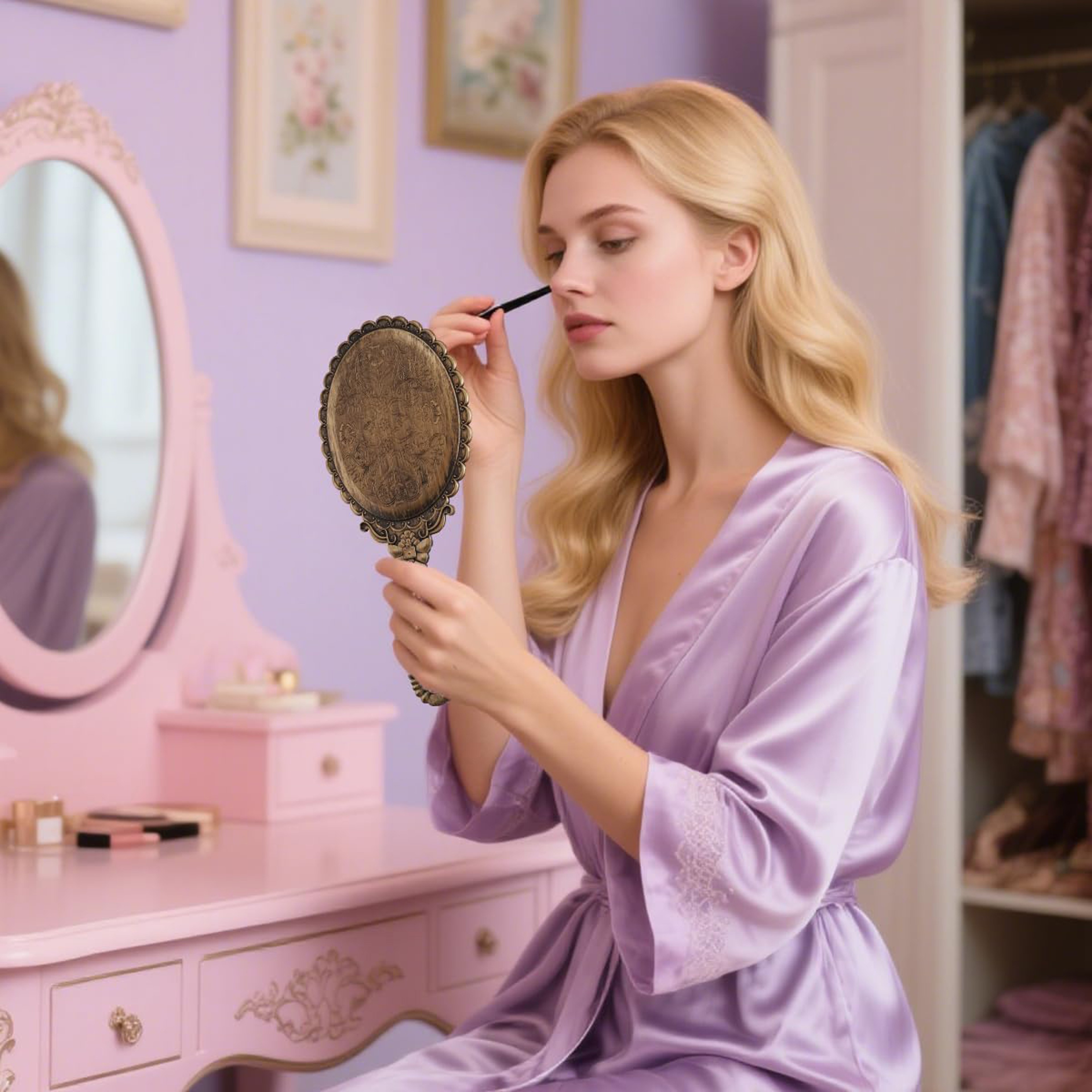 Vintage Handheld Vanity Mirror With Carved Handle Portable Travel Makeup Mirror For Beauty  Vanity  1