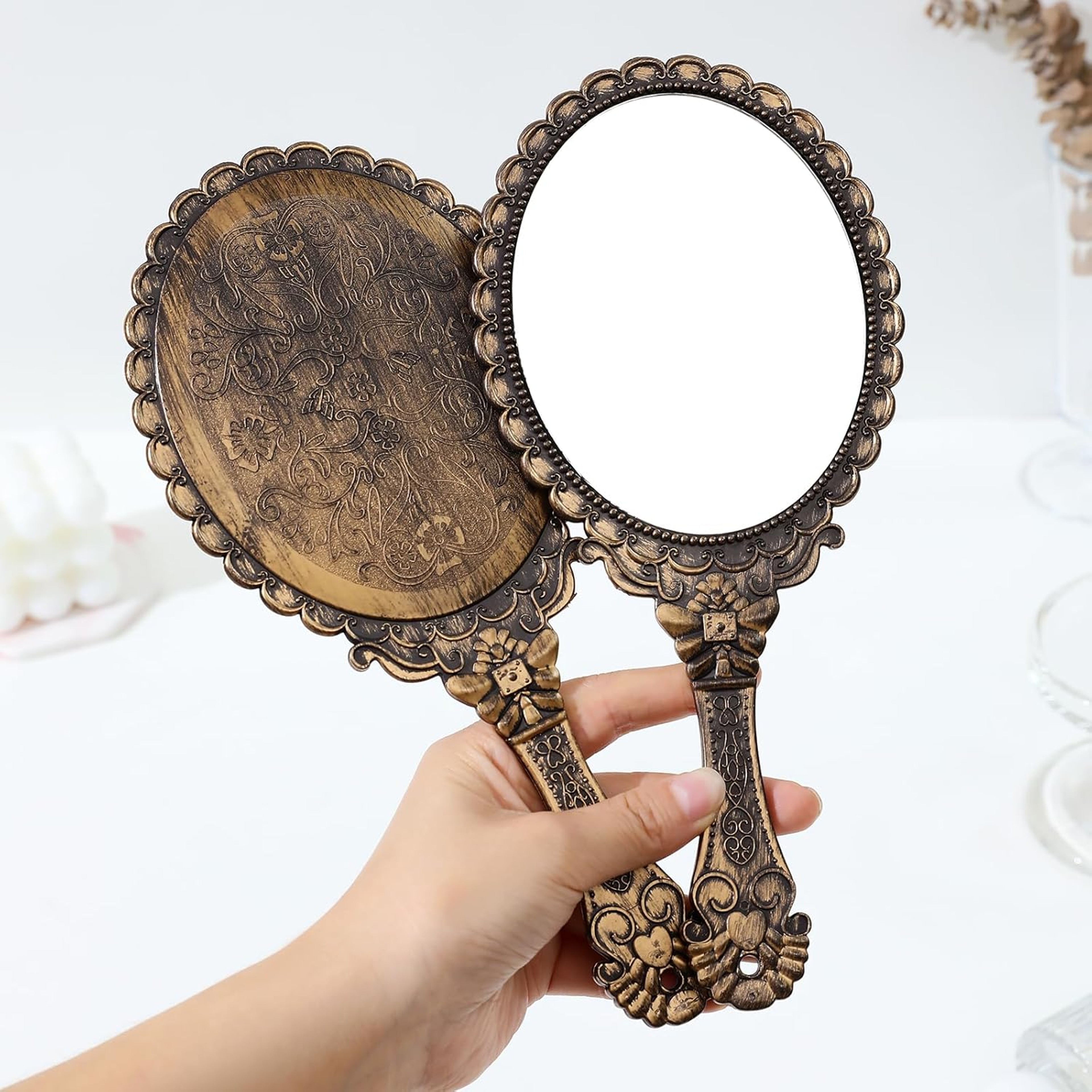 Vintage Handheld Vanity Mirror With Carved Handle Portable Travel Makeup Mirror For Beauty  Vanity  2