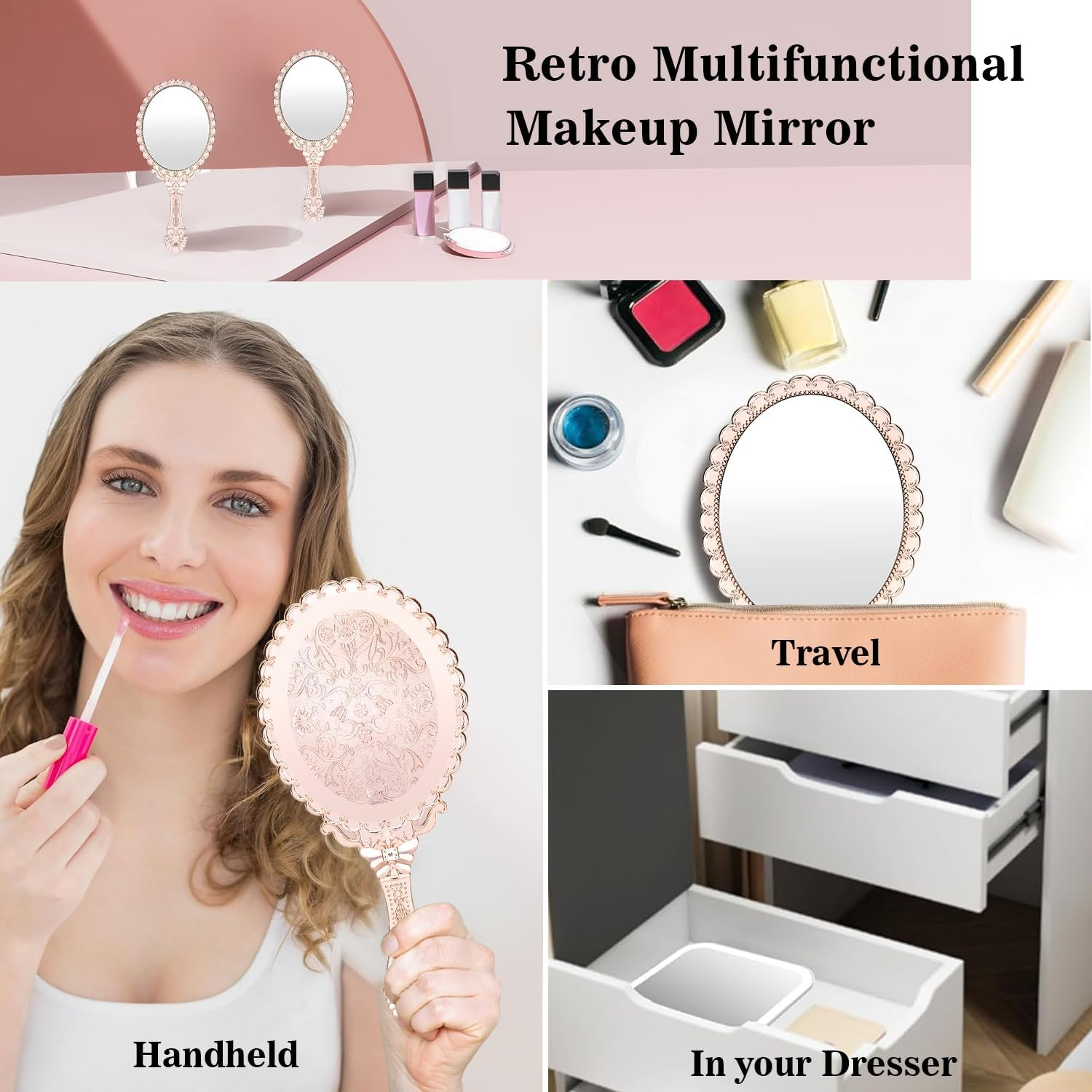 Vintage Handheld Vanity Mirror With Carved Handle Portable Travel Makeup Mirror For Beauty  Vanity  5
