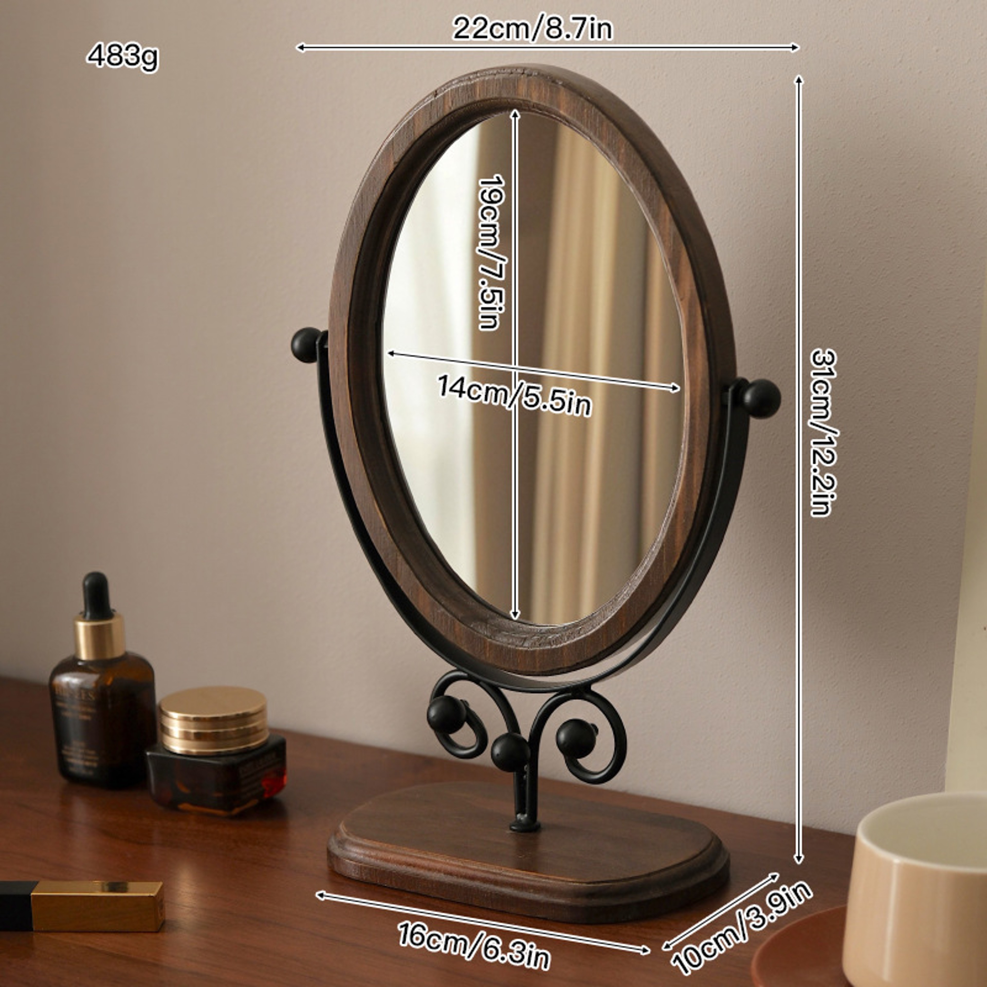 Retro Vanity Makeup Mirror with Adjustable Rotating Stand HD Oval Tabletop Makeup Mirror – view 7