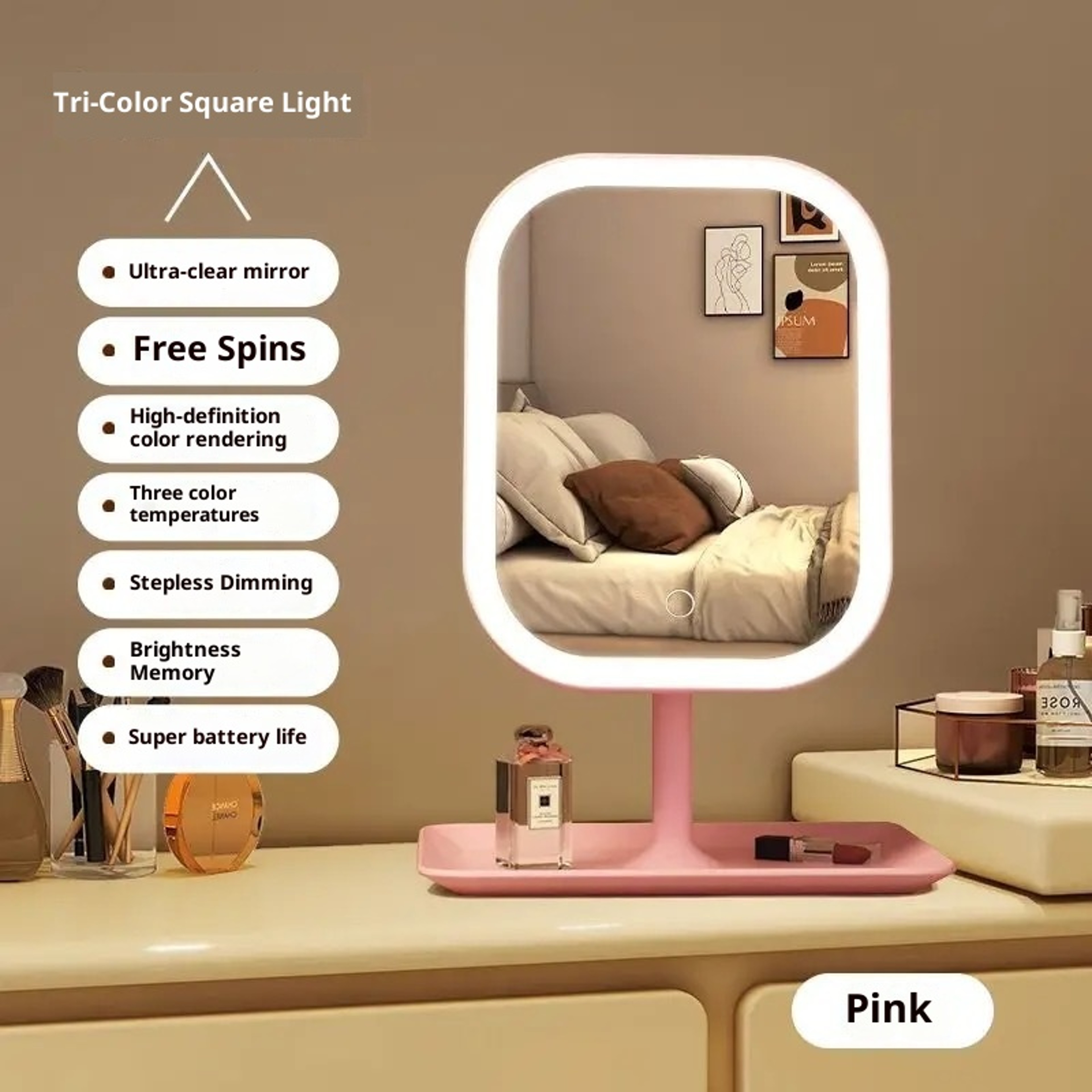 LED Vanity Mirror with 3 Color Lights Touch Screen Lighted Makeup Mirror for Bedroom & Vanity Desk – view 8