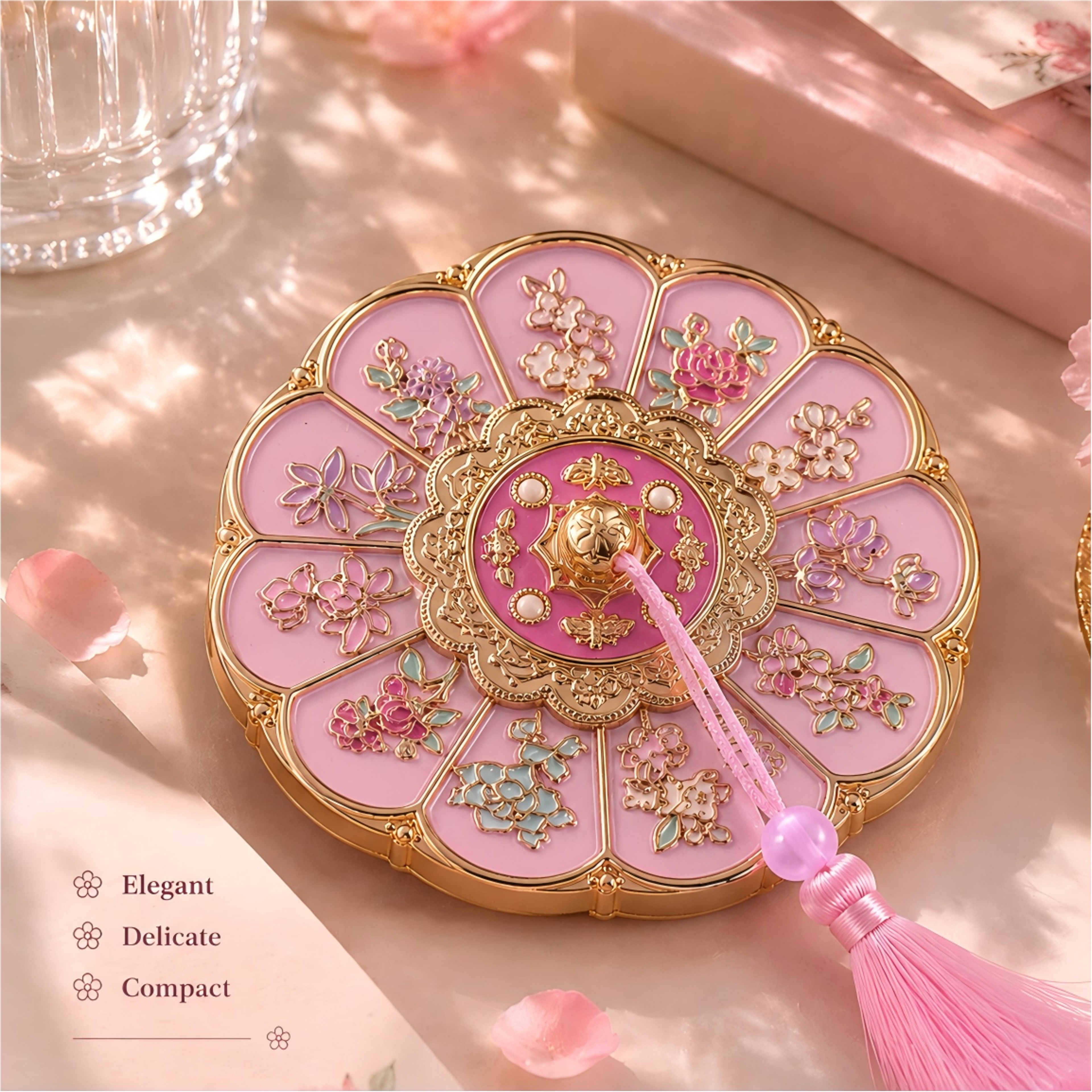 Vintage Chinese Style Portable Makeup Mirror with Floral Pattern Handheld Travel Mirror – view 7