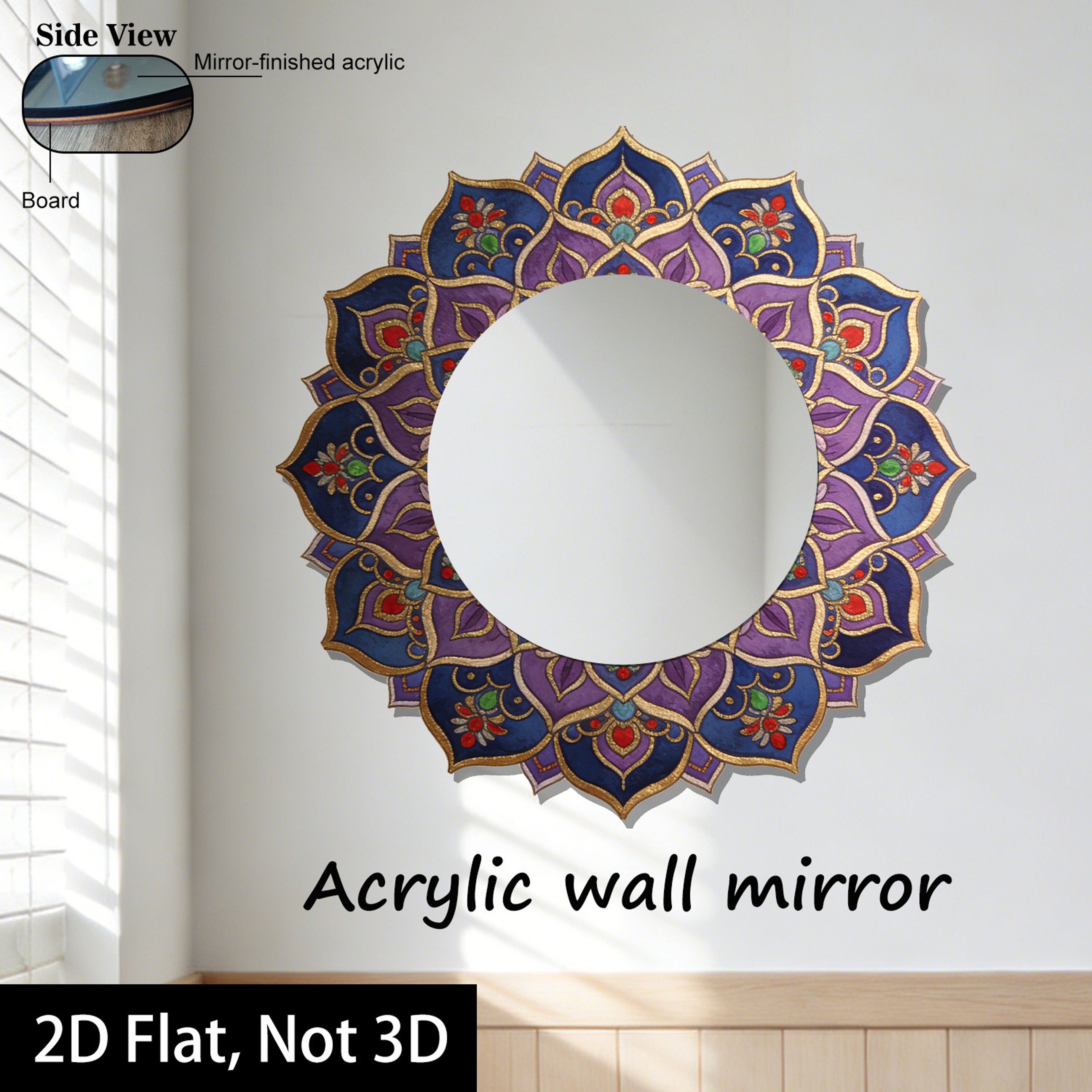 Mandala Floral Acrylic Wall Mirror for Home Decor, Yoga Room & Office Wall Art – view 2