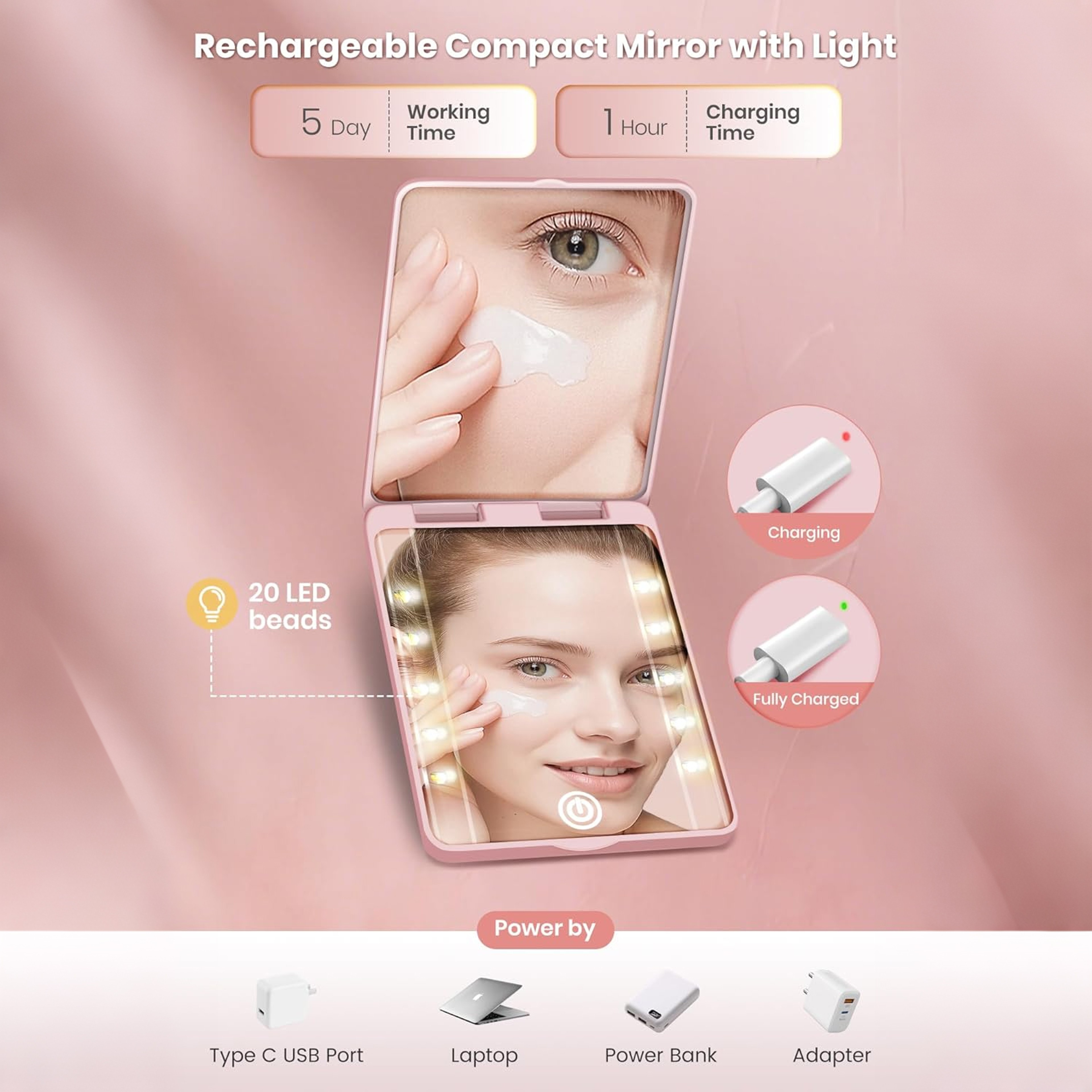 LED Compact Mirror with Magnifying Mirror Rechargeable Travel Makeup Mirror with Light Modes – view 4