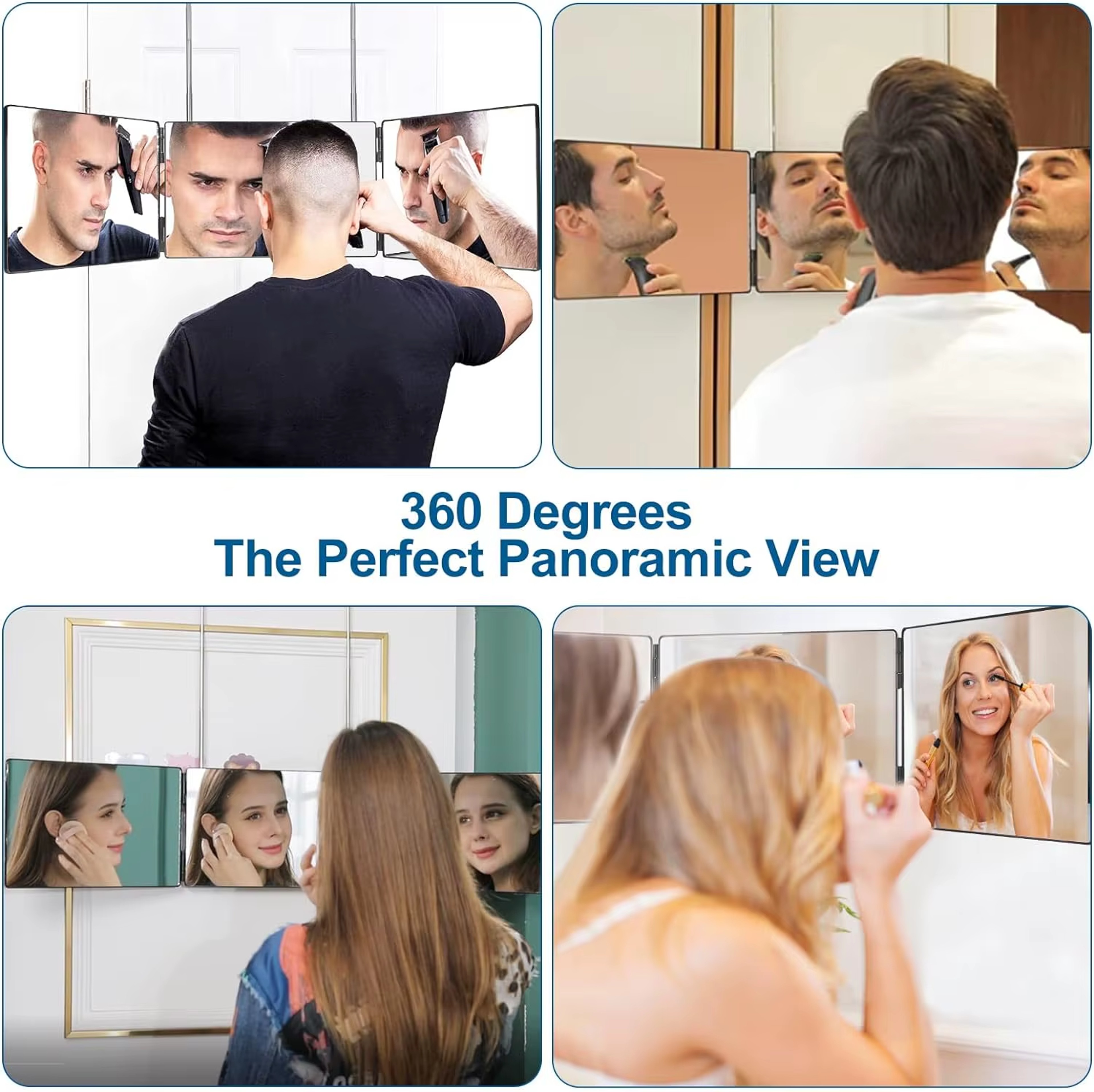 360 View 3 Way Mirror Adjustable Self Haircut Mirror Trifold Barber Mirror with Telescoping Hooks – view 2