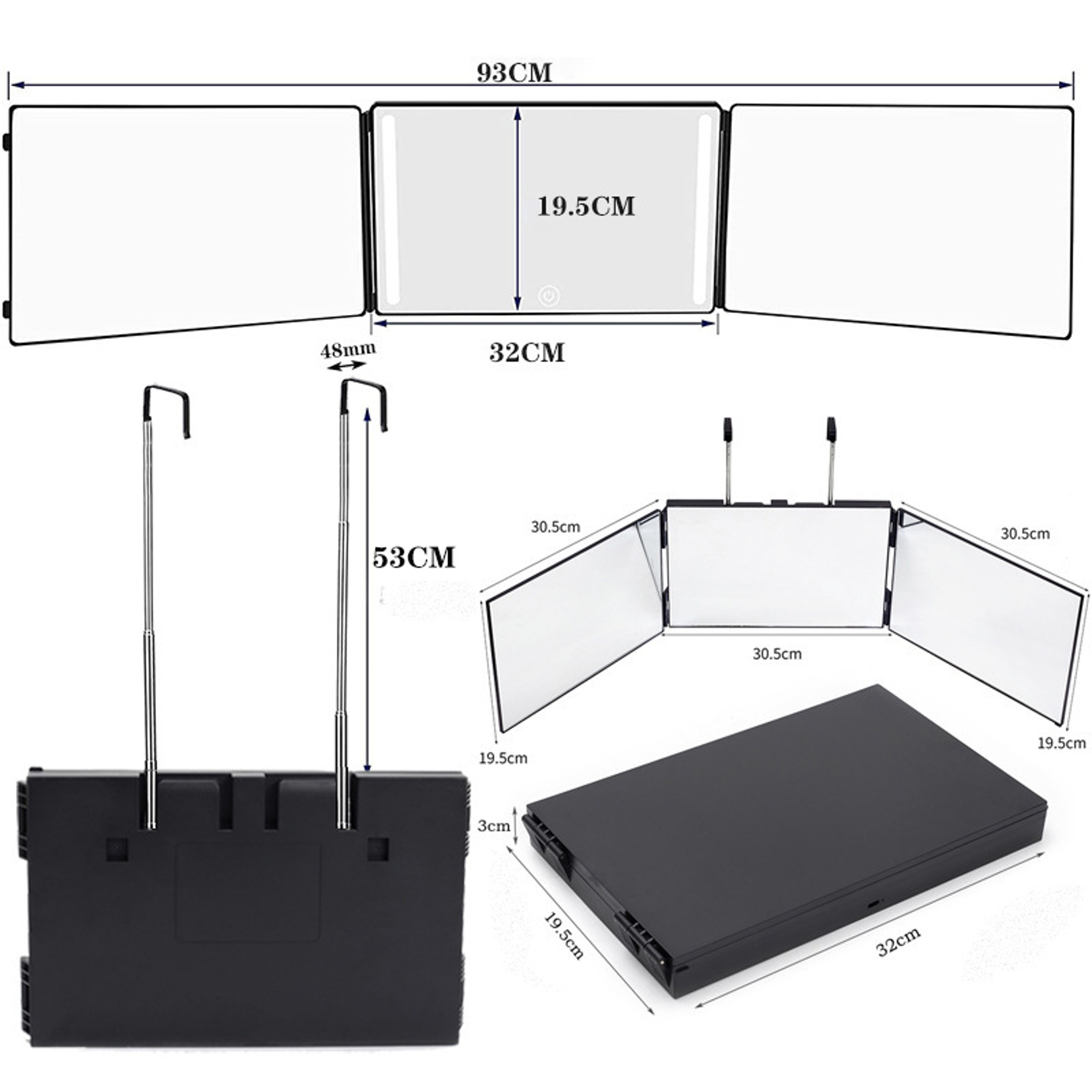 360 View 3 Way Mirror Adjustable Self Haircut Mirror Trifold Barber Mirror with Telescoping Hooks – view 4