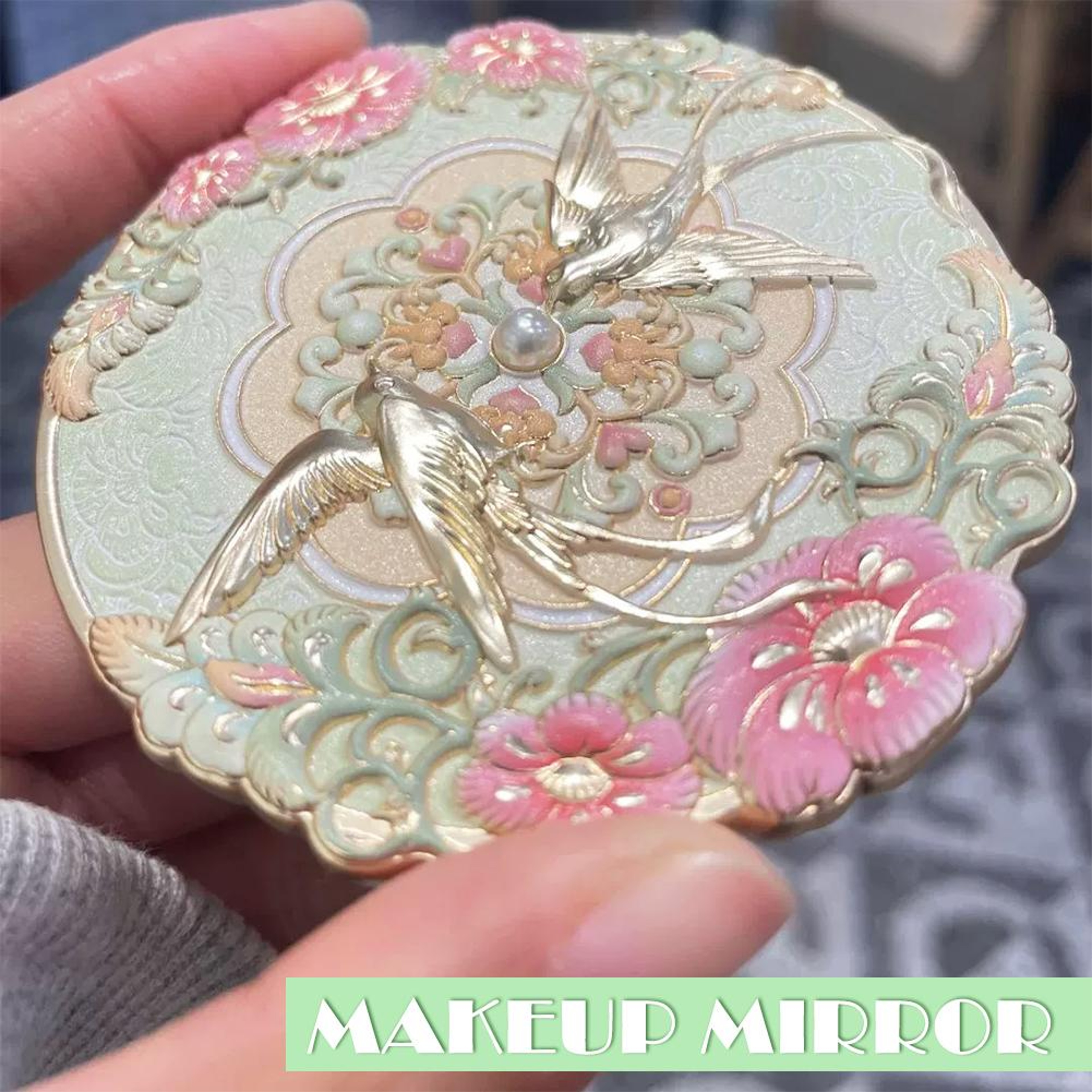 Vintage Chinese Makeup Mirror with Peony Design Portable Pocket Compact Mirror – view 3