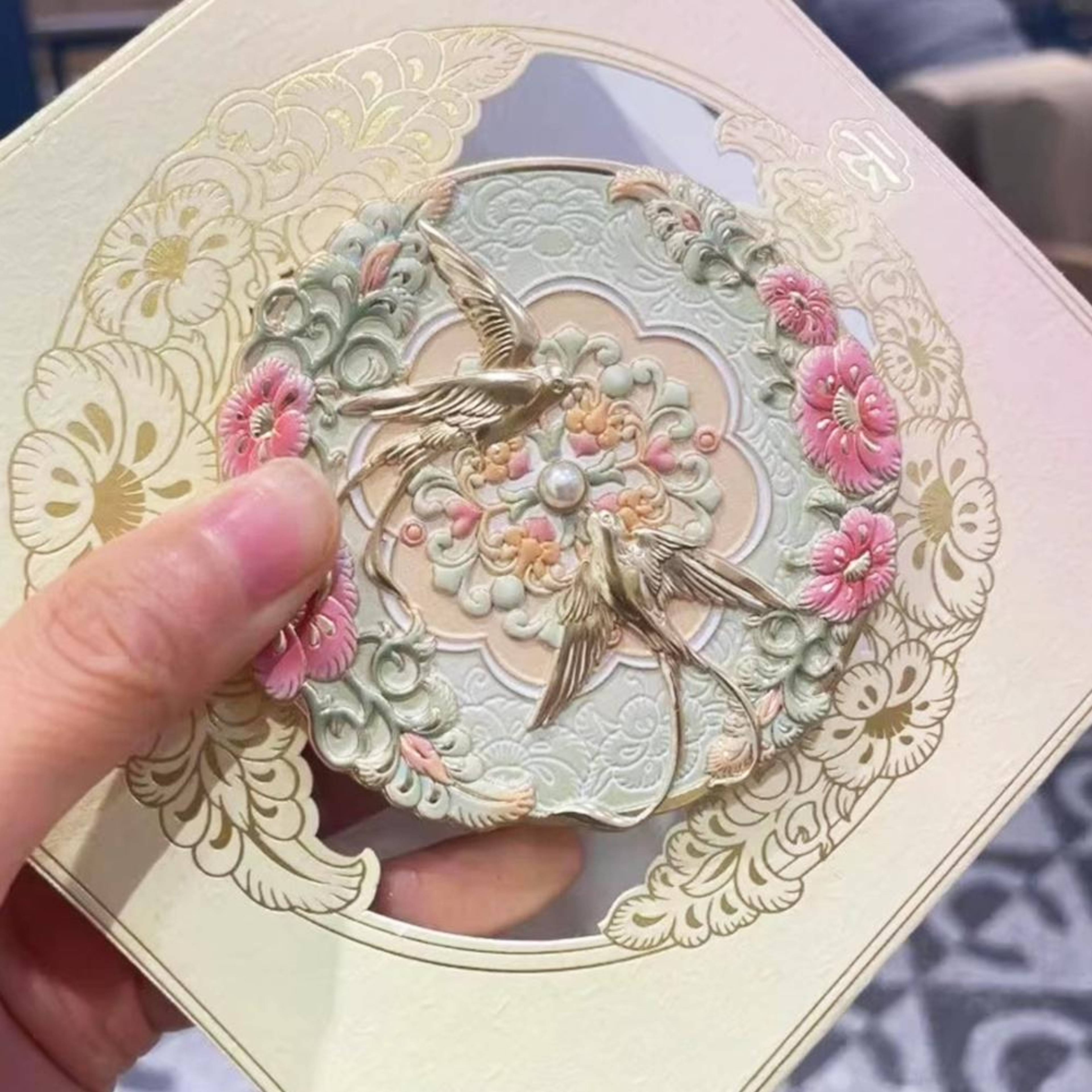 Vintage Chinese Makeup Mirror with Peony Design Portable Pocket Compact Mirror – view 6