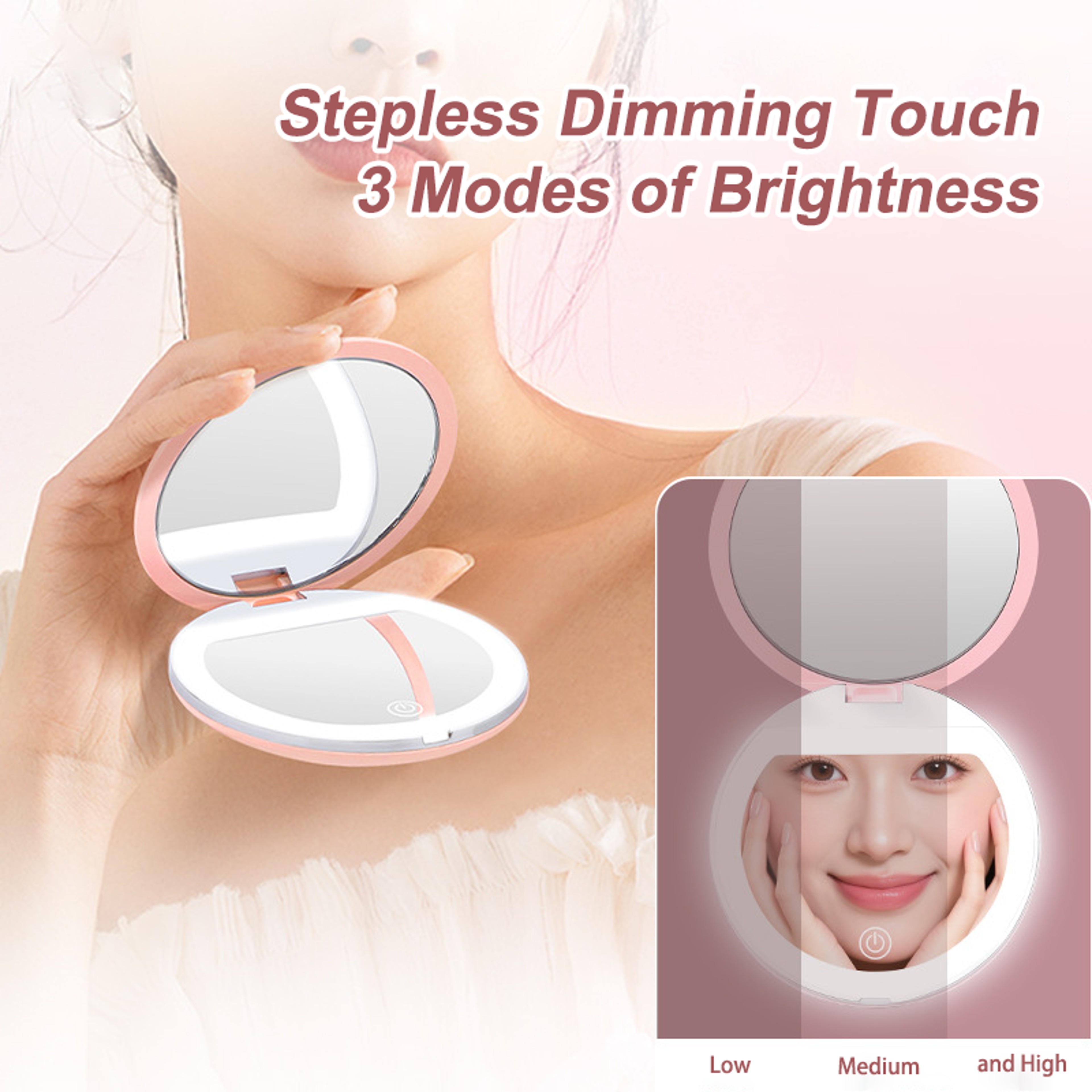 LED Compact Mirror With Light USB Rechargeable 1X And 3X Magnifying Travel Pocket Mirror 1