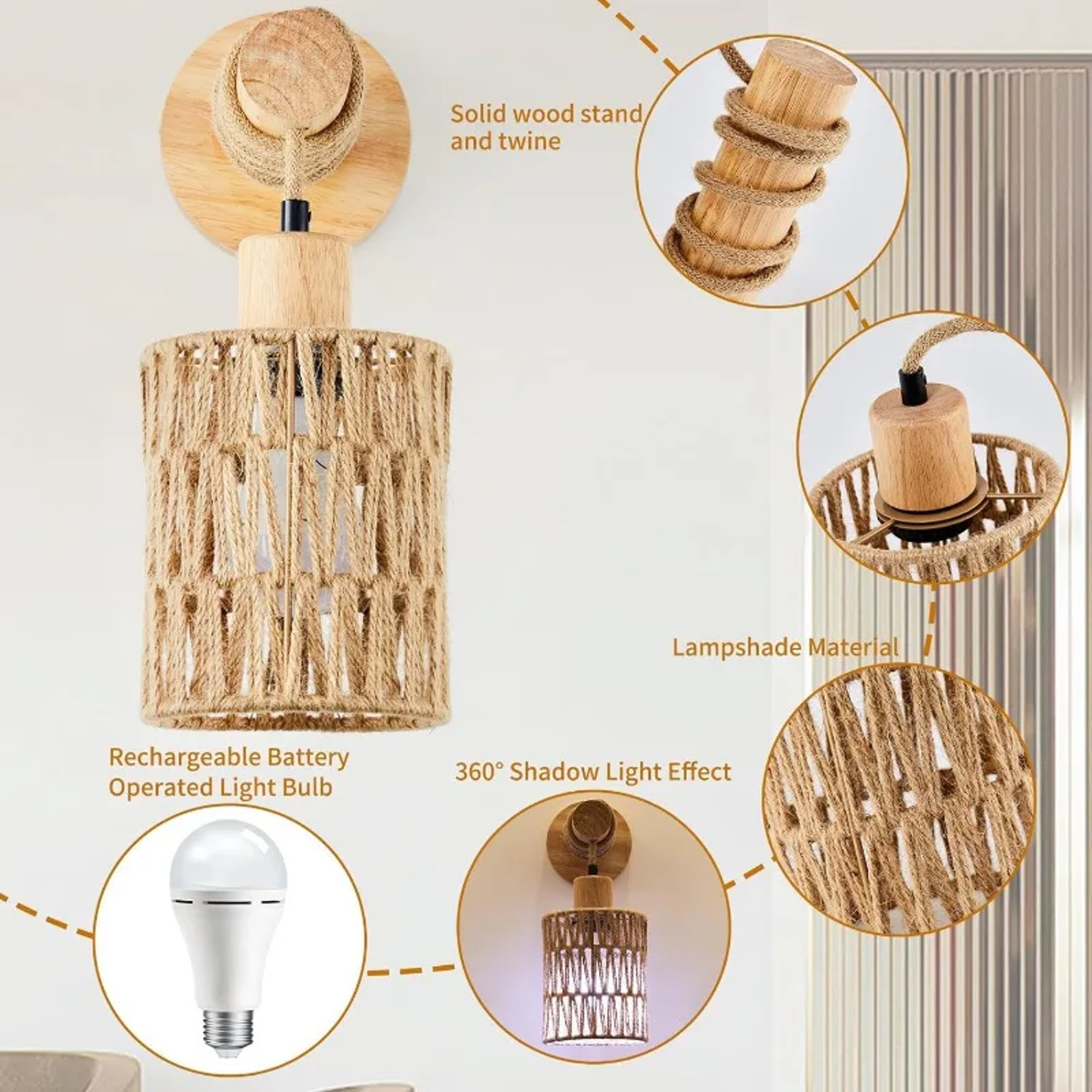 Rustic Hemp Rope Rattan Wall Sconce for Bedroom and Farmhouse Decor – view 2