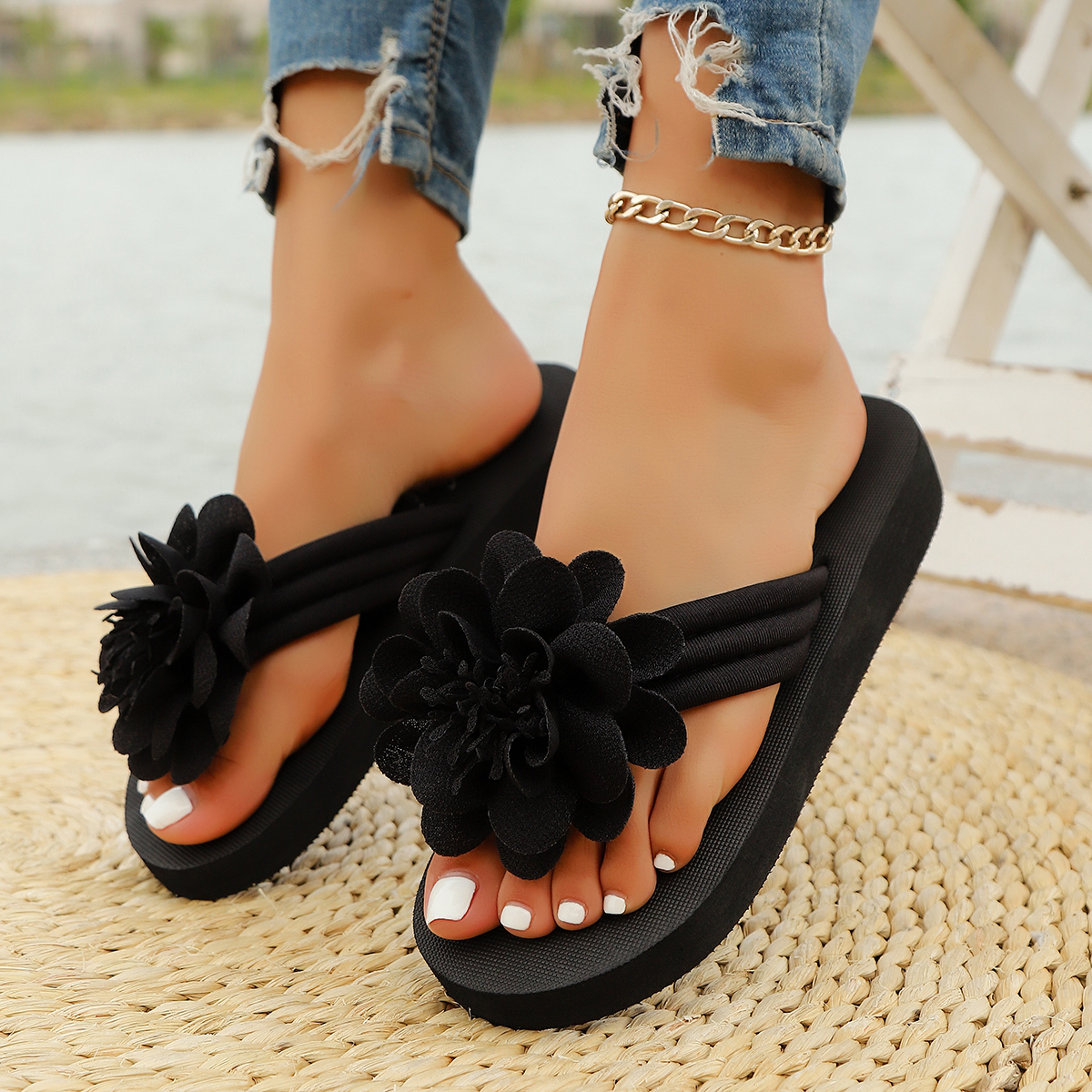Handmade Flower Flip Flops for Women Comfortable Red Beach Sandals – view 8