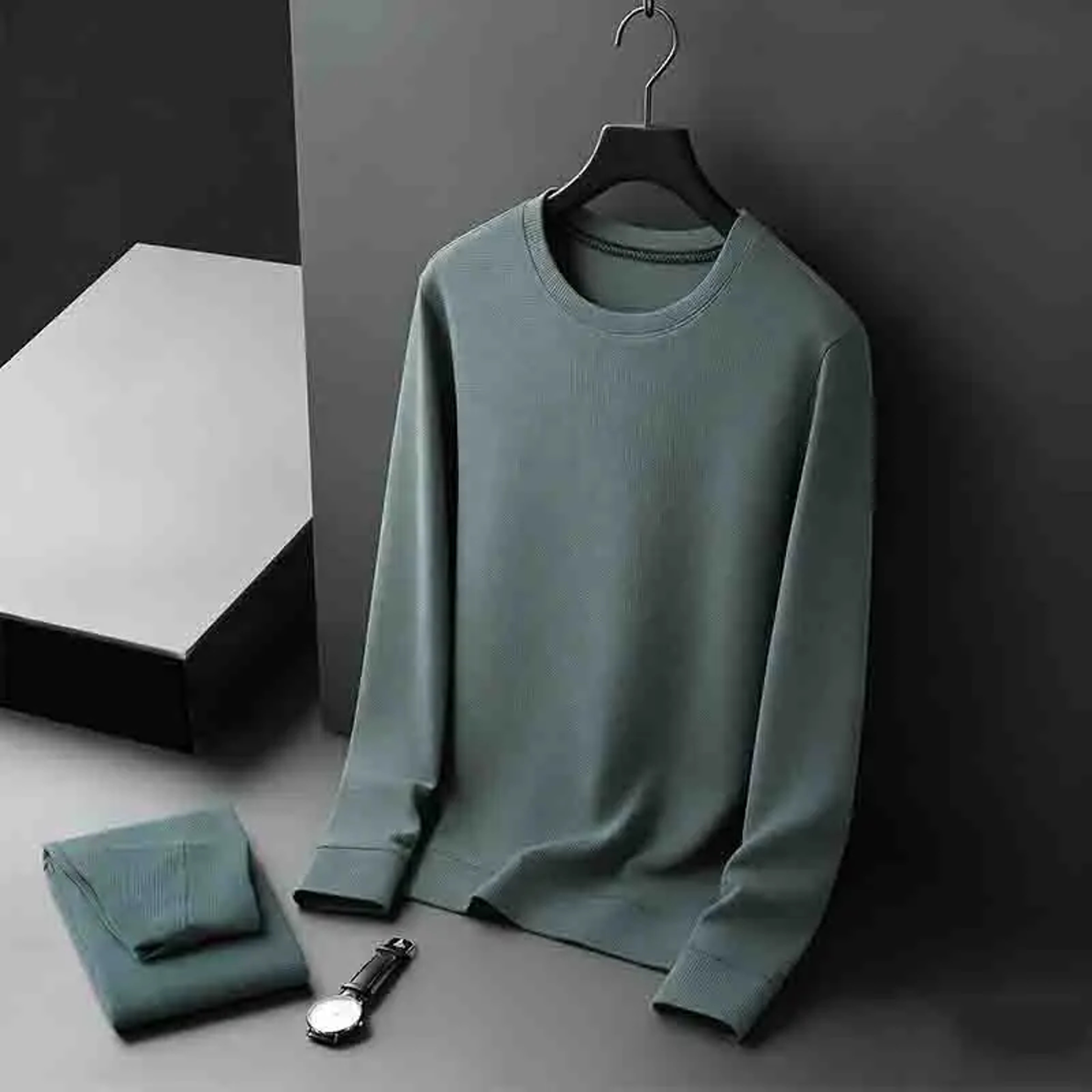 Men's Waffle Knit Sweatshirt Slim Fit Crew Neck Pullover – view 7