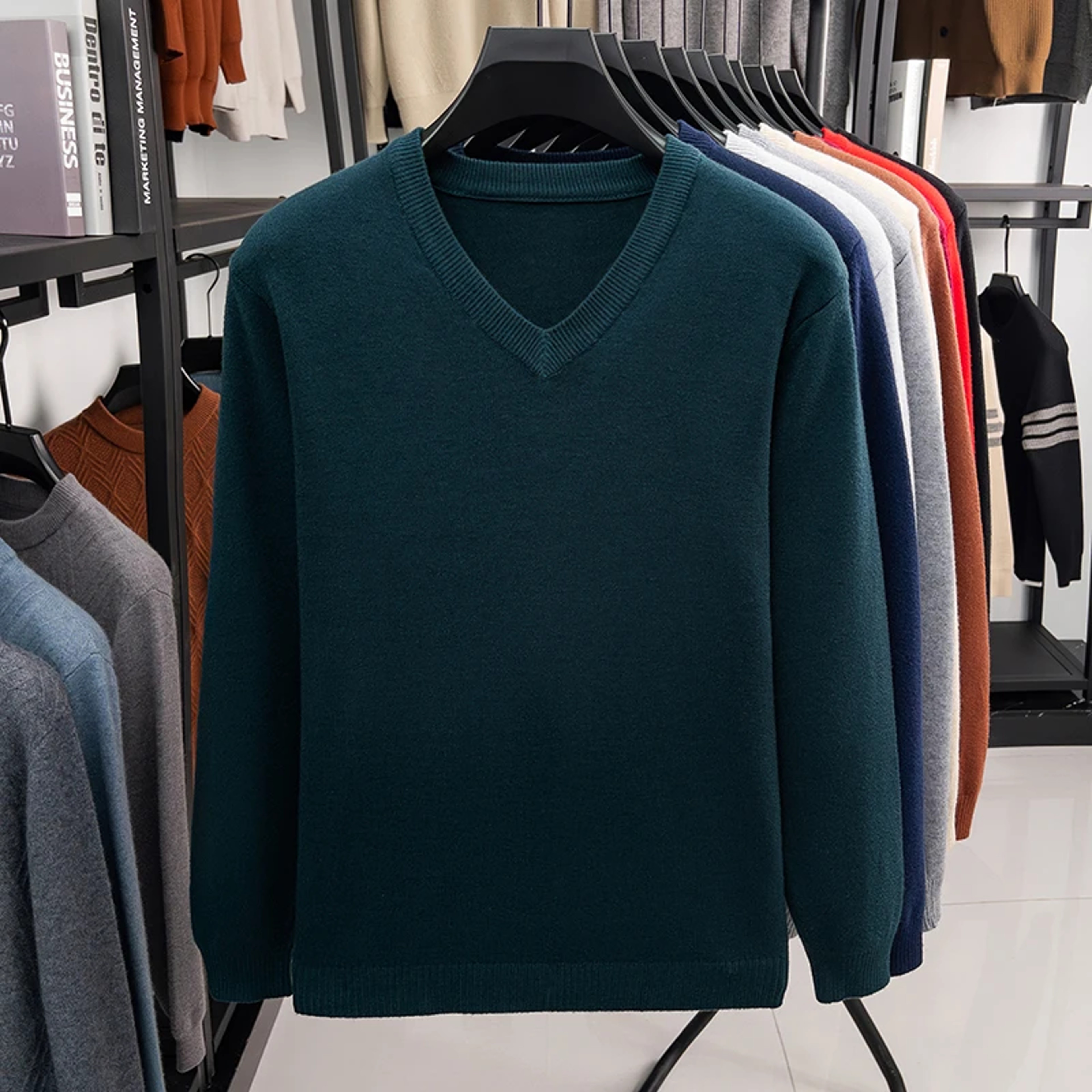 Mens V Neck Knit Sweater Relaxed Fit Solid Color Casual Pullover 1