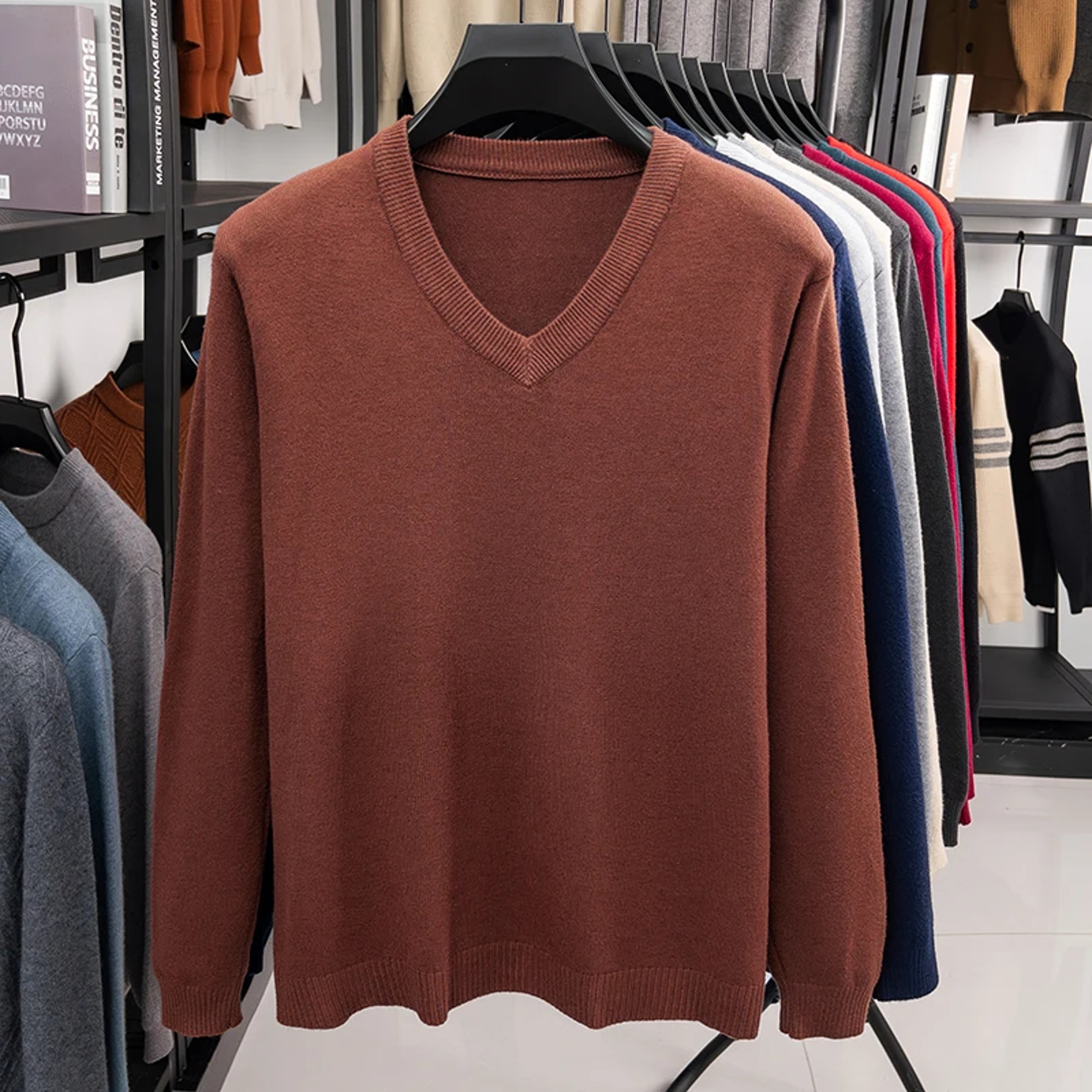Mens V Neck Knit Sweater Relaxed Fit Solid Color Casual Pullover 2