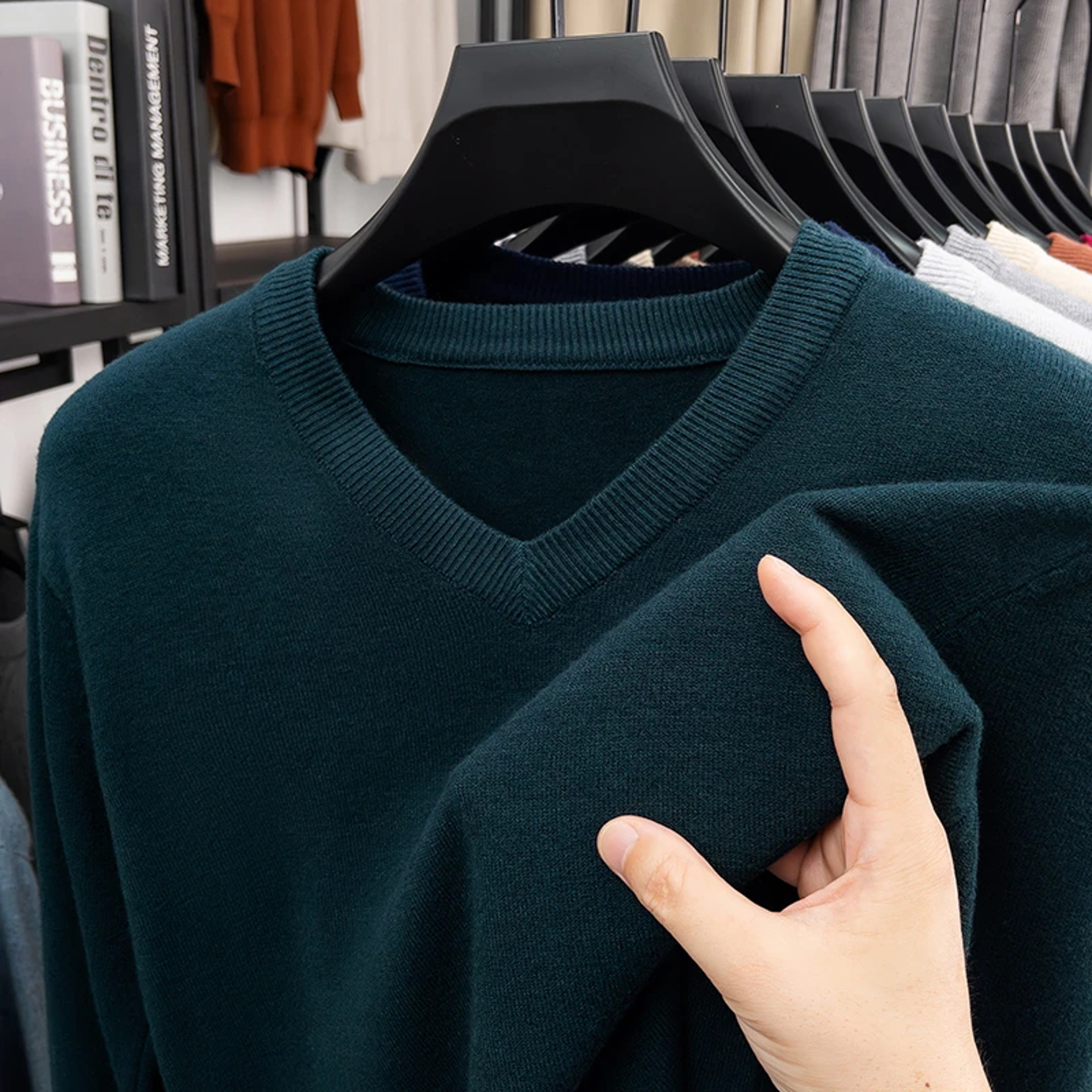 Mens V Neck Knit Sweater Relaxed Fit Solid Color Casual Pullover 8