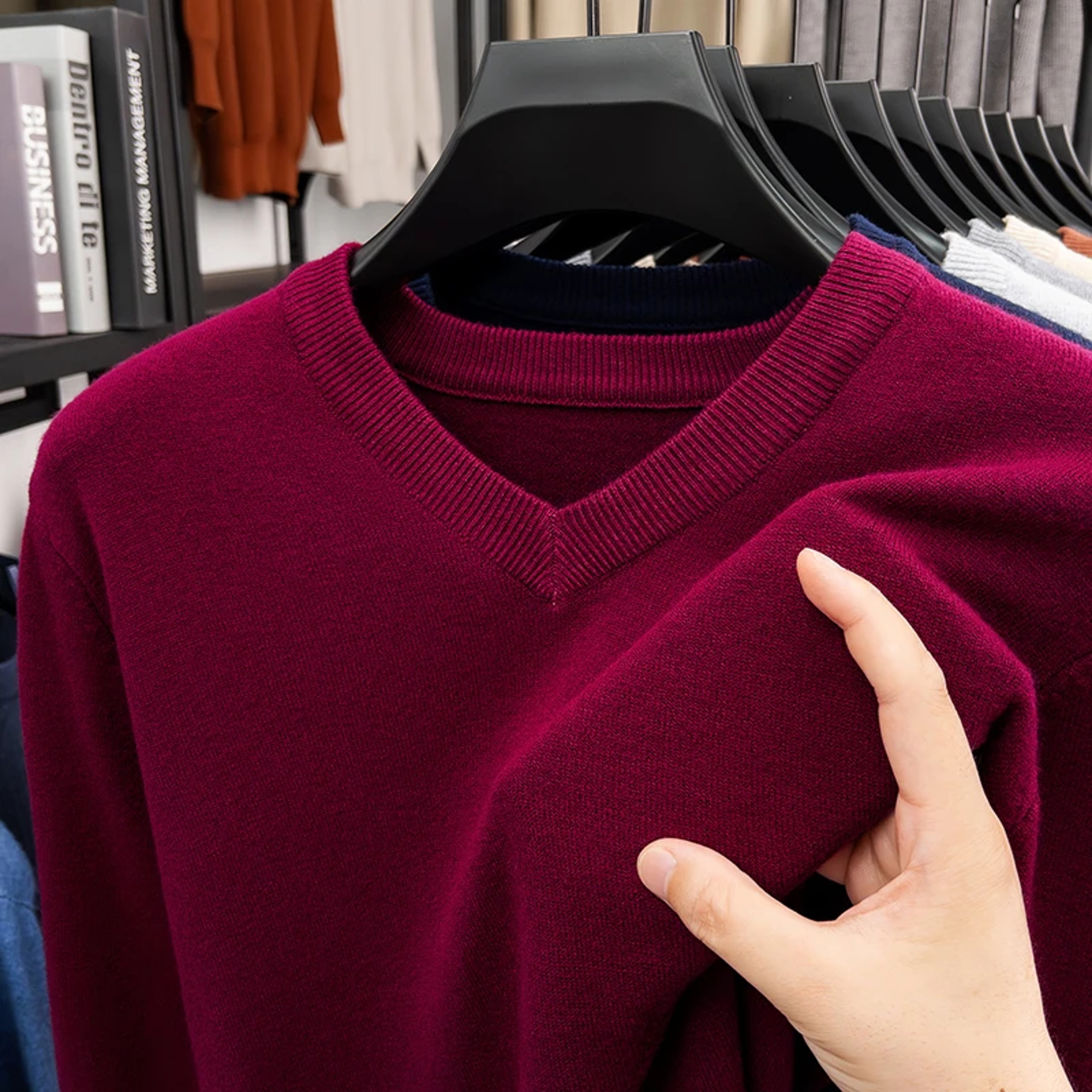 Mens V Neck Knit Sweater Relaxed Fit Solid Color Casual Pullover 12
