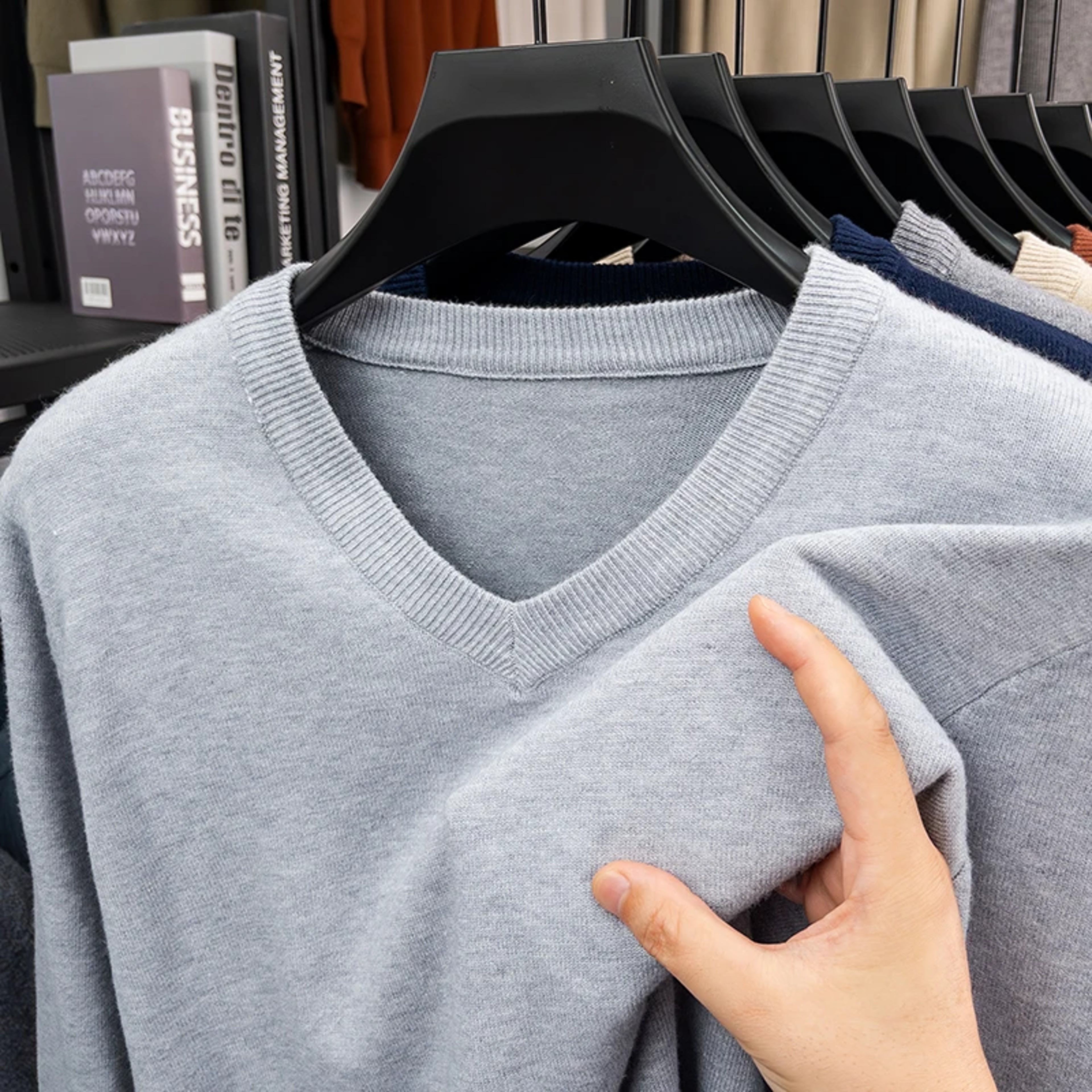 Mens V Neck Knit Sweater Relaxed Fit Solid Color Casual Pullover 11