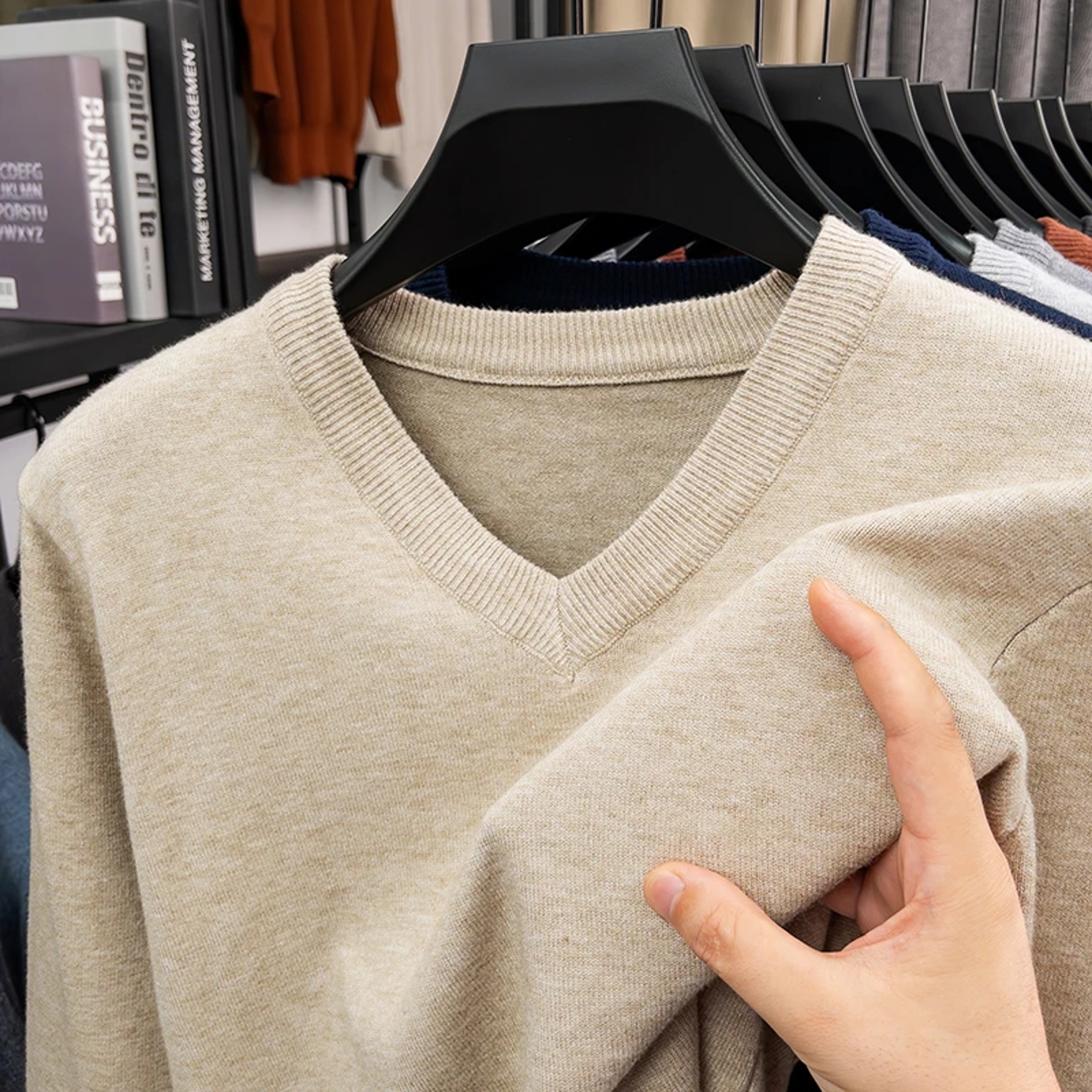 Mens V Neck Knit Sweater Relaxed Fit Solid Color Casual Pullover 0