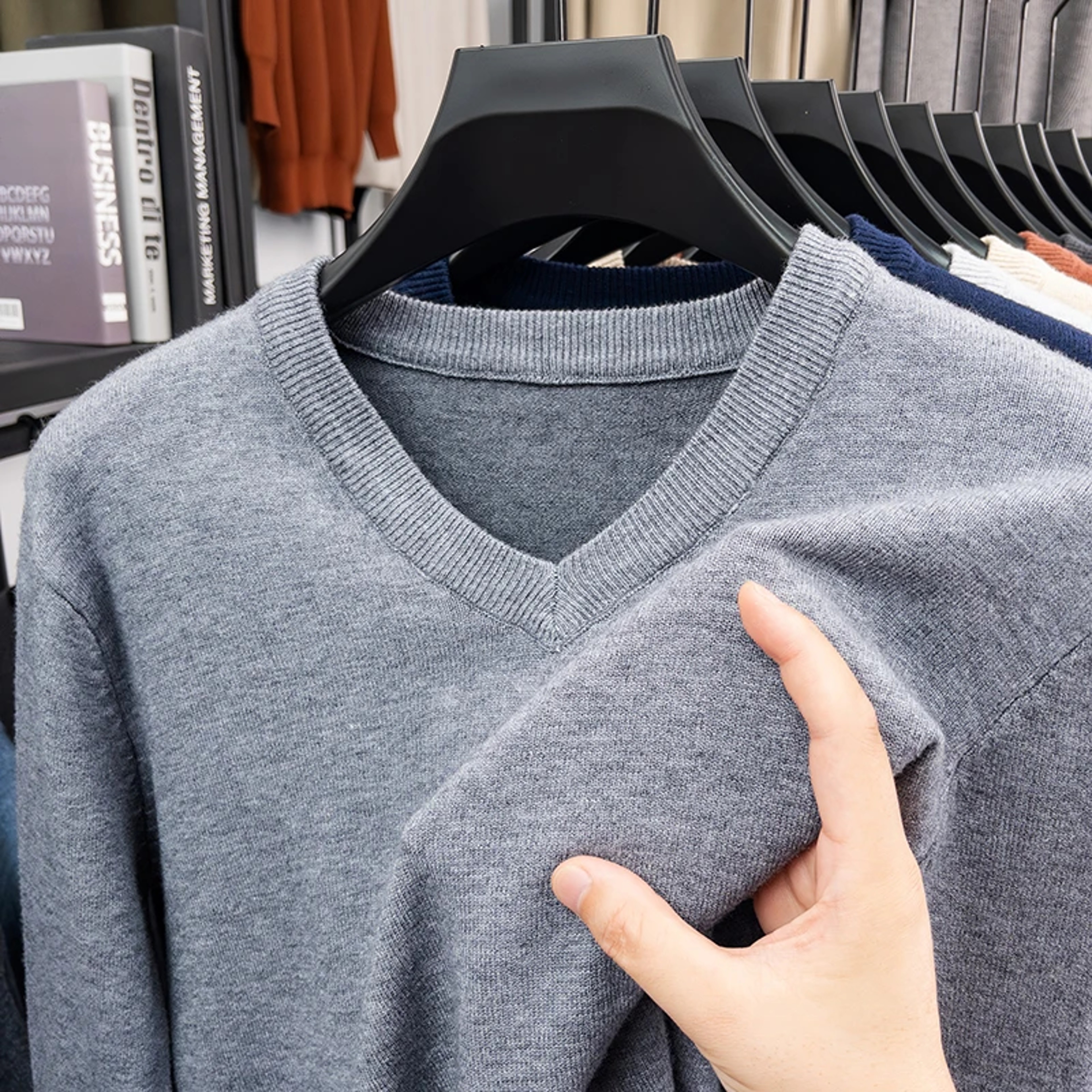 Mens V Neck Knit Sweater Relaxed Fit Solid Color Casual Pullover 14