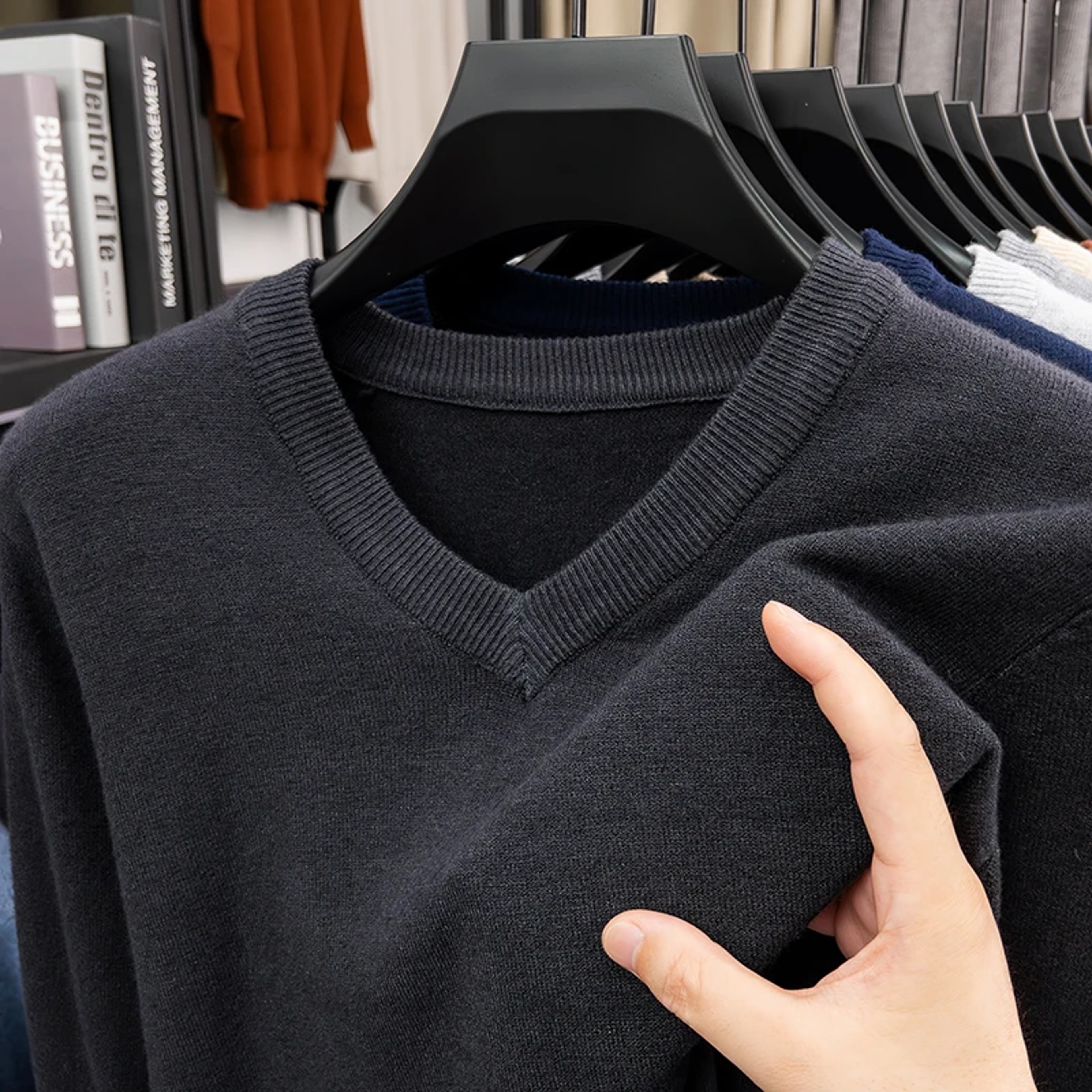 Mens V Neck Knit Sweater Relaxed Fit Solid Color Casual Pullover 15