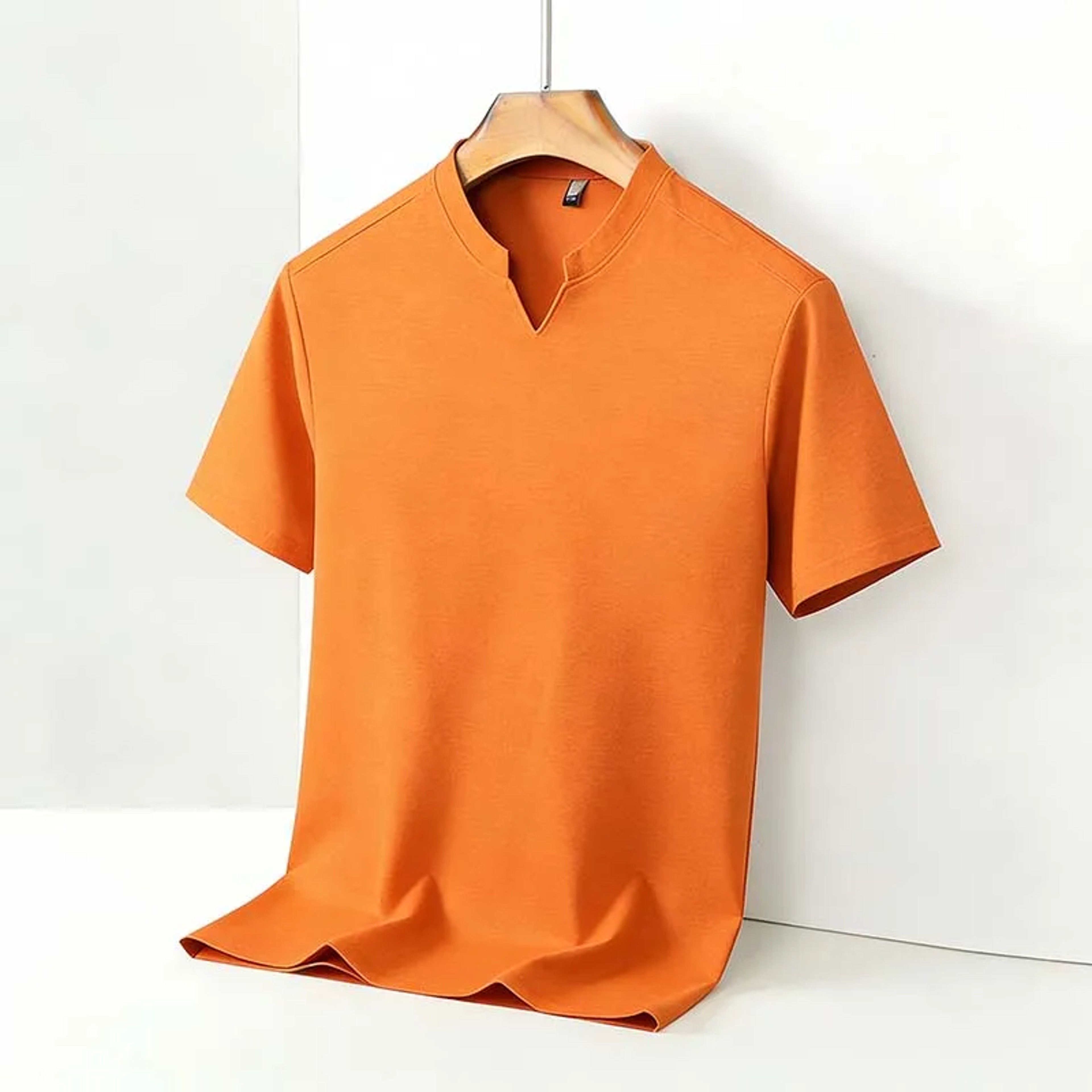 Men's V Notch Stand Collar Shirt Slim Fit Business Casual Short Sleeve Top – view 1