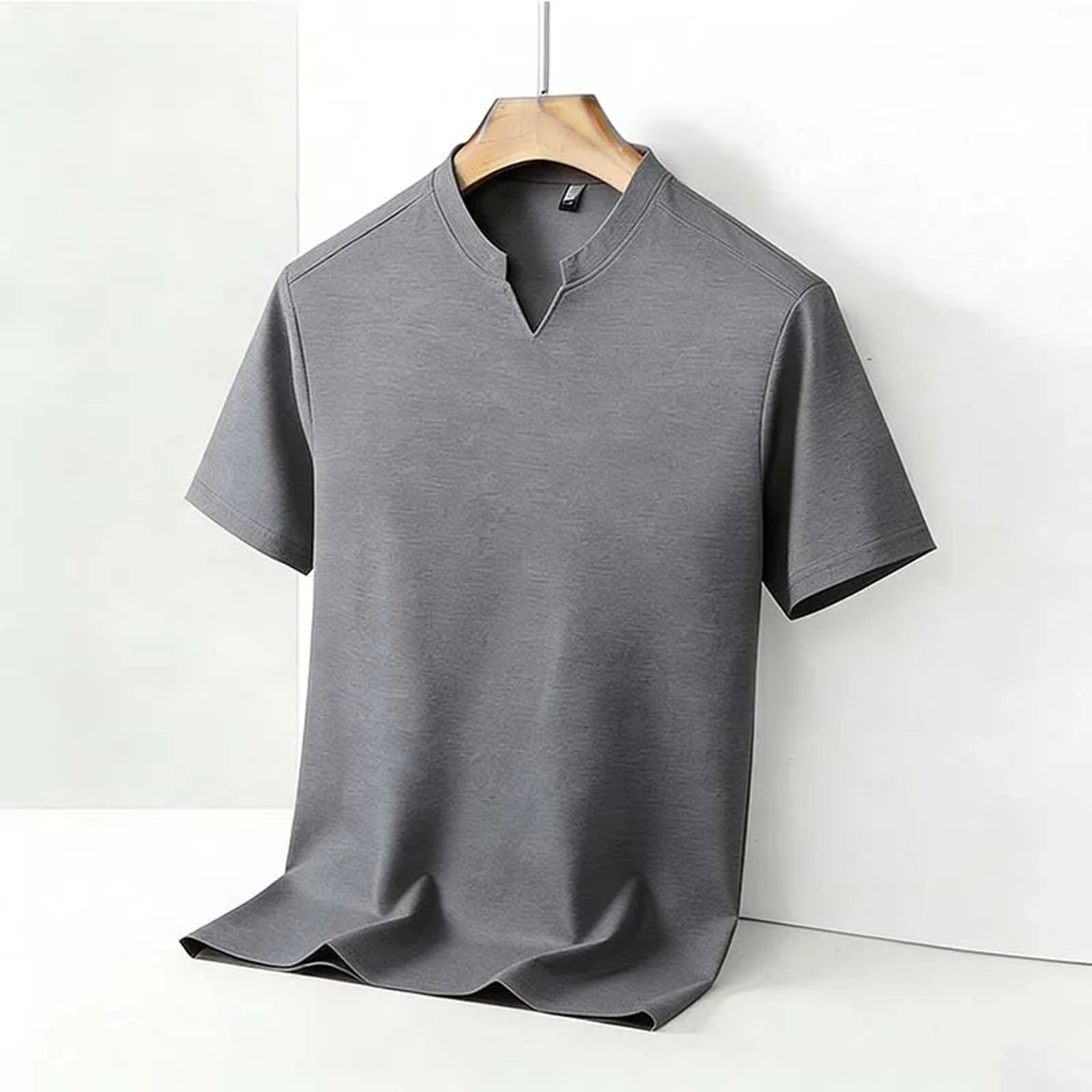 Men's V Notch Stand Collar Shirt Slim Fit Business Casual Short Sleeve Top – view 5