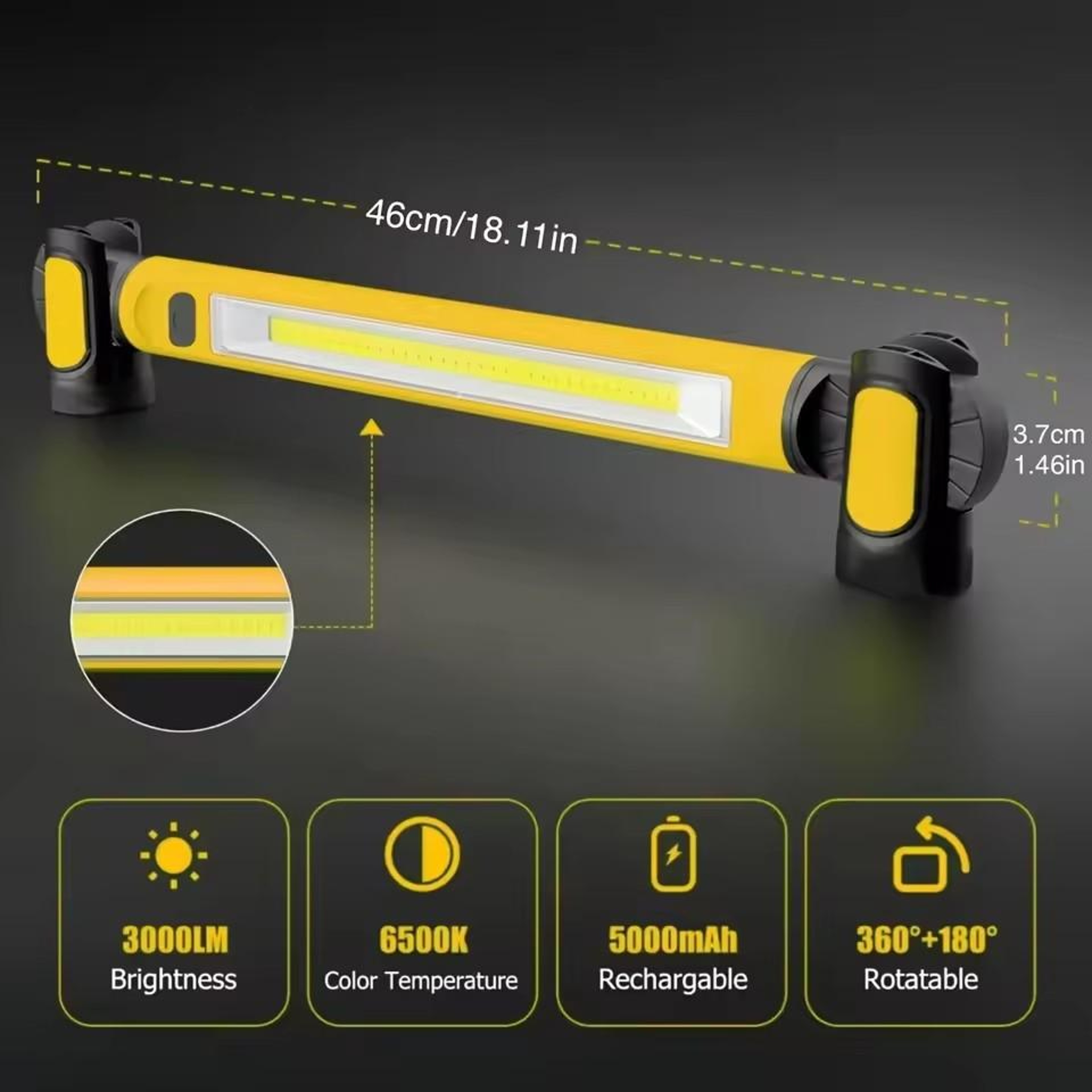 2500LM Rechargeable Work Light Magnetic Underhood Mechanic LED Lamp With Hooks 3