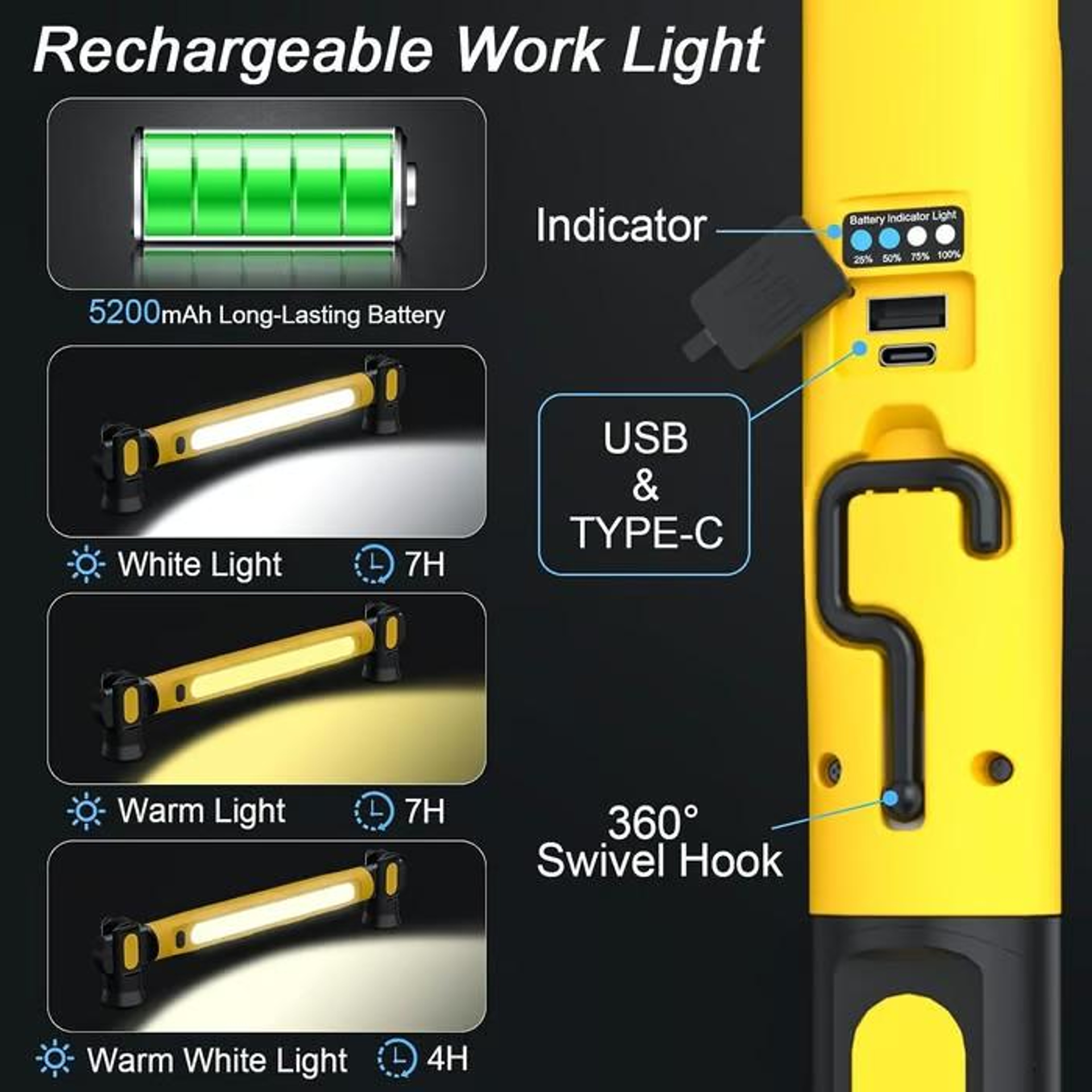 2500LM Rechargeable Work Light Magnetic Underhood Mechanic LED Lamp With Hooks 4