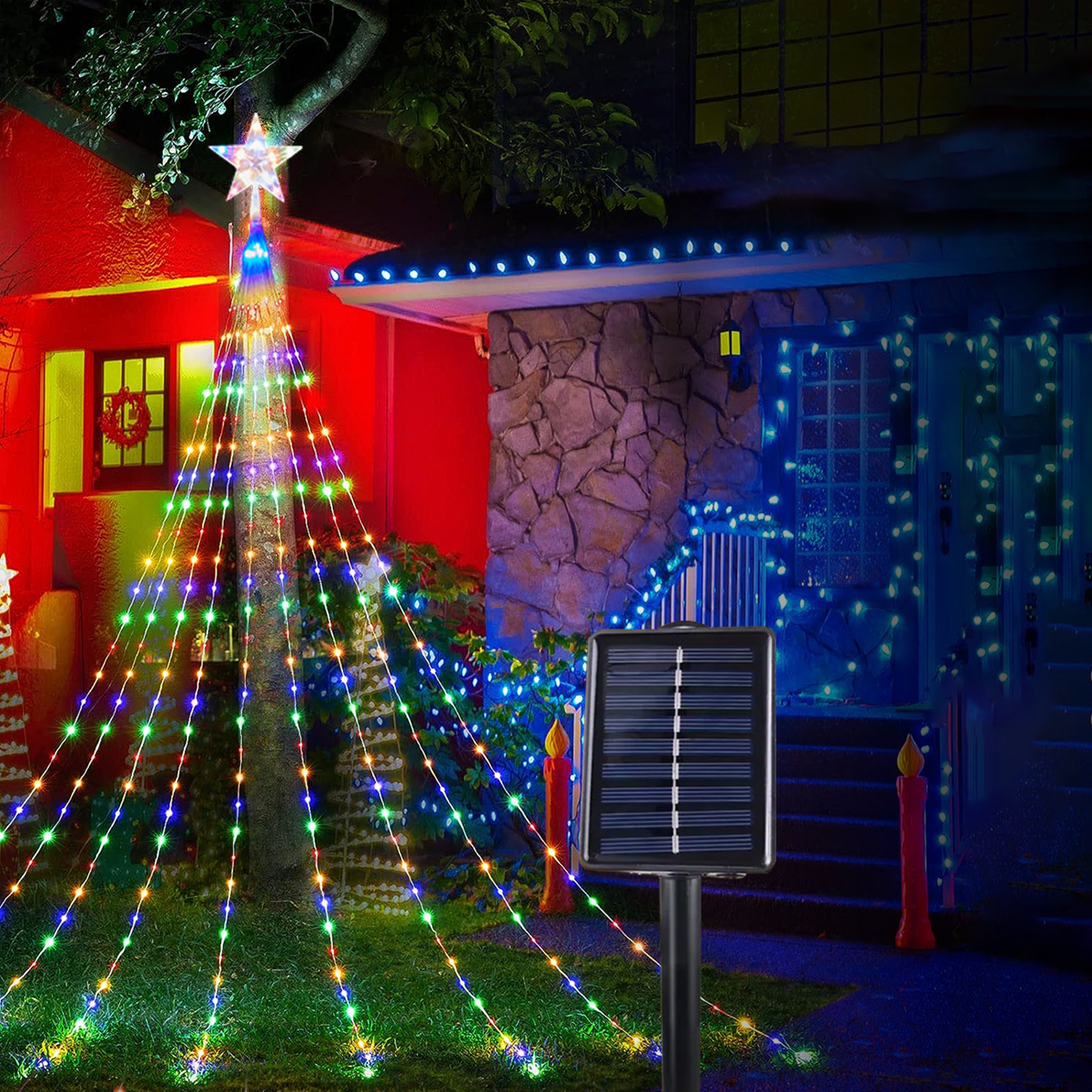 Solar Star Waterfall Christmas Lights Waterproof Outdoor Fairy Lights 8 Modes, – view 7