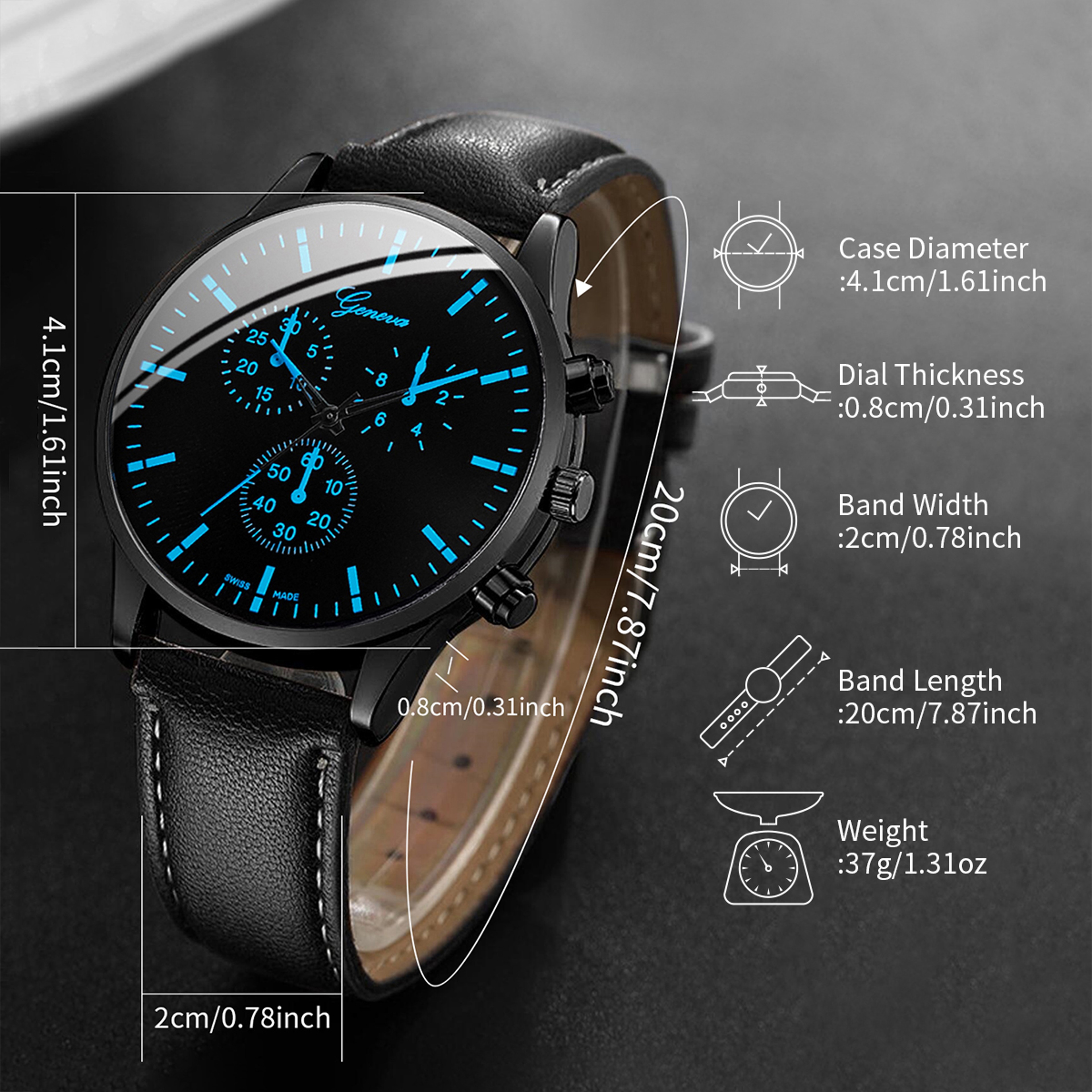 3 Piece Mens Quartz Watch Leather Band Bracelet Necklace Gift Set 5