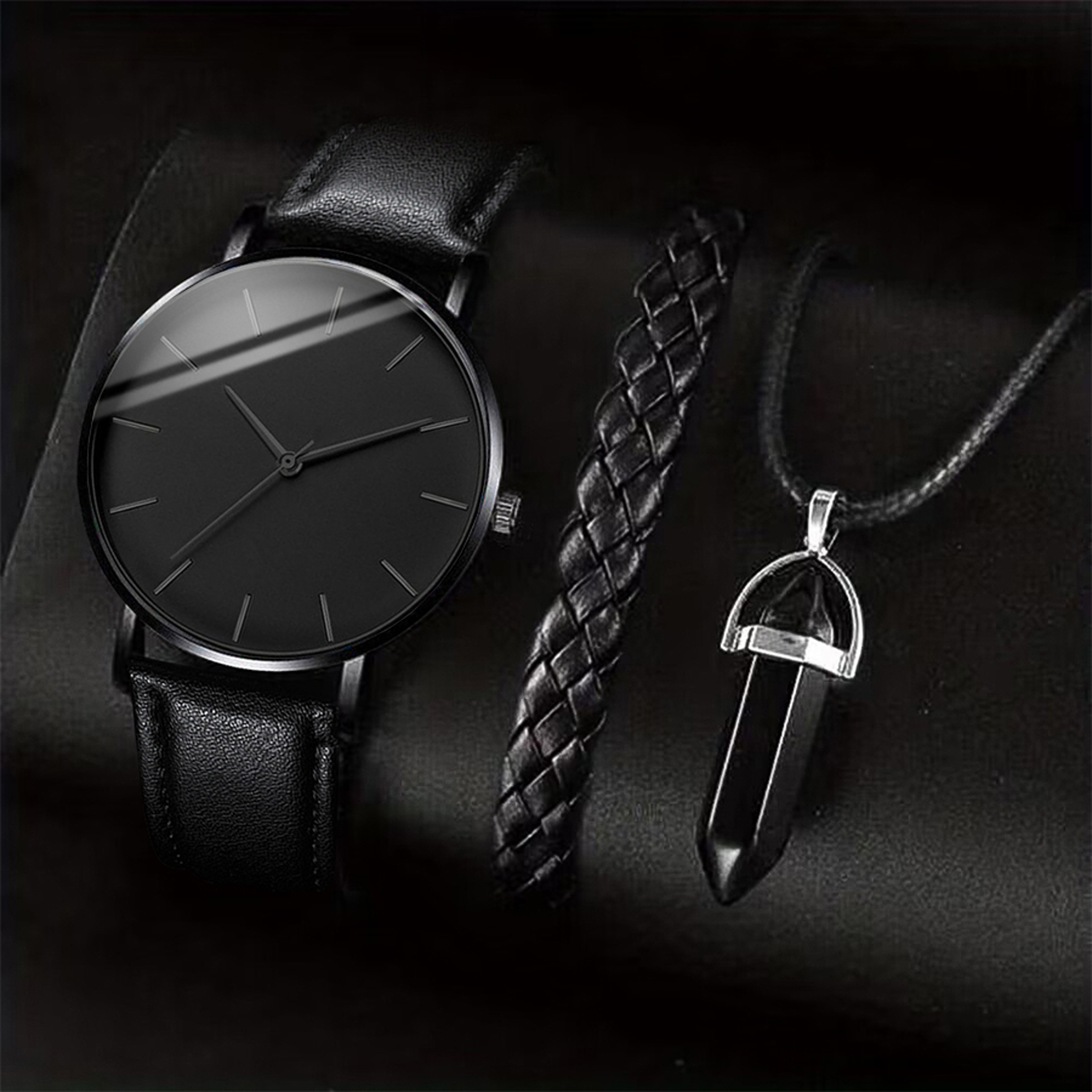 3 Piece Mens Quartz Watch Leather Band Bracelet Necklace Gift Set 6