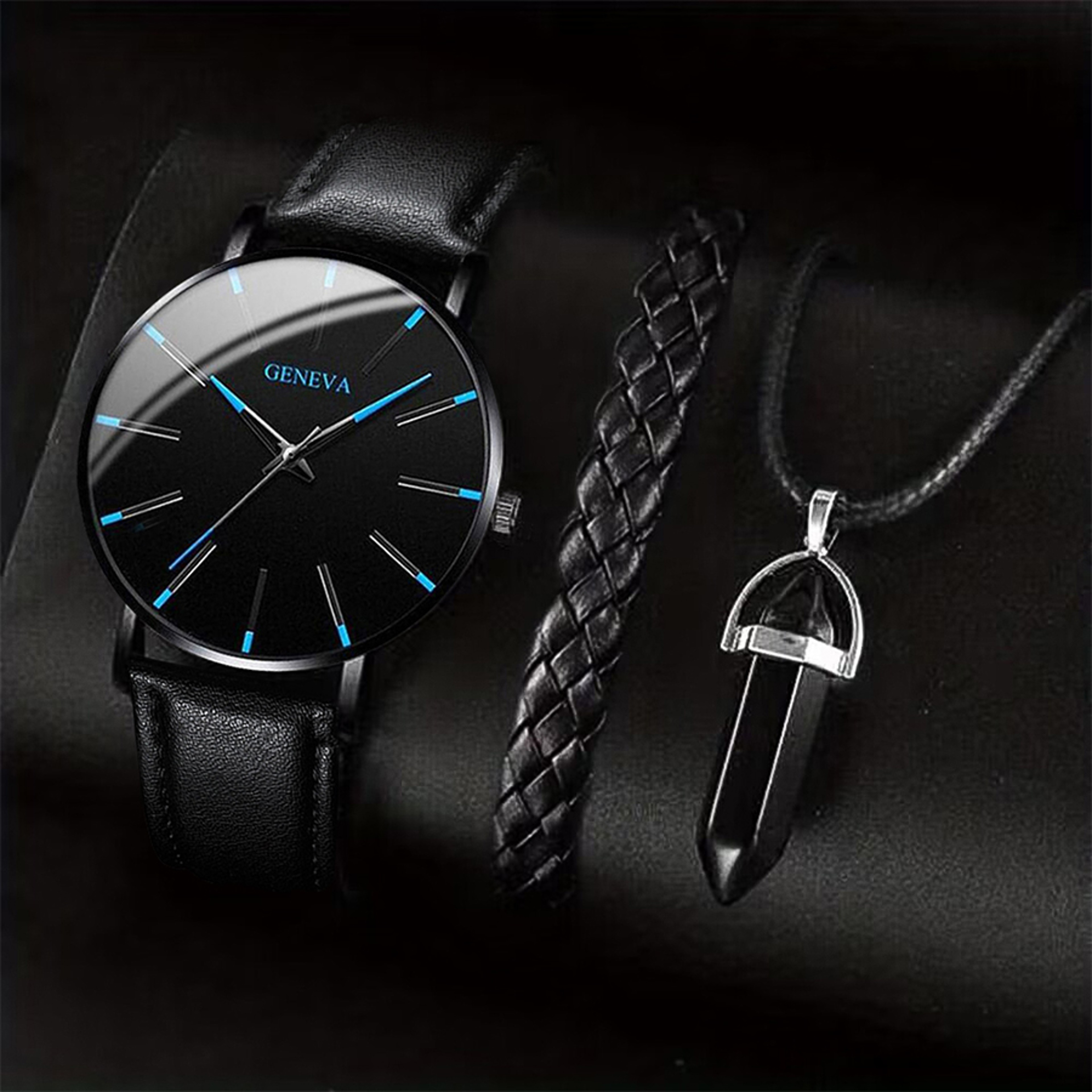 3 Piece Mens Quartz Watch Leather Band Bracelet Necklace Gift Set 9
