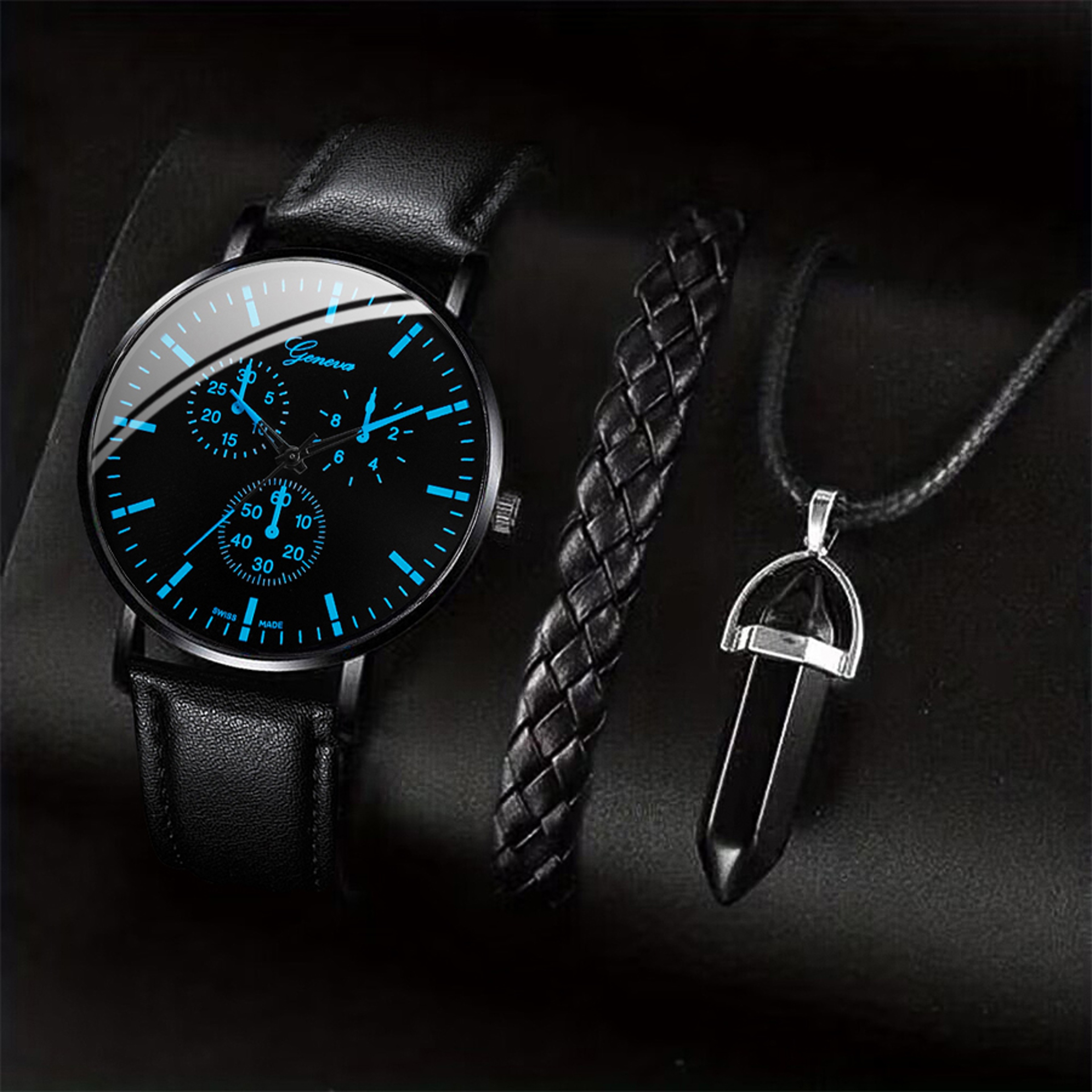 3 Piece Mens Quartz Watch Leather Band Bracelet Necklace Gift Set 8