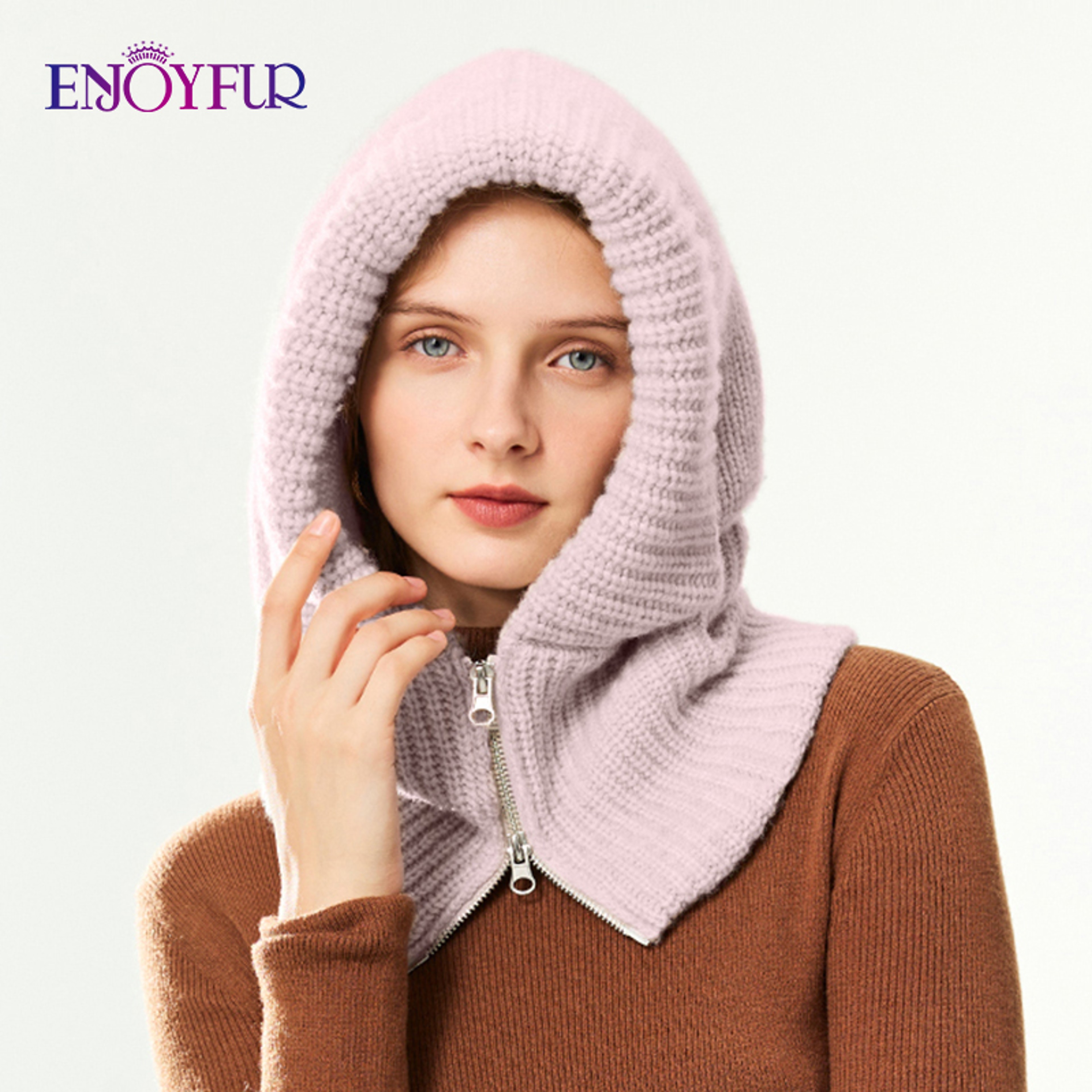 Women Winter Knit Balaclava Hood Zipper Neck Warmer Beanie Hat – view 5