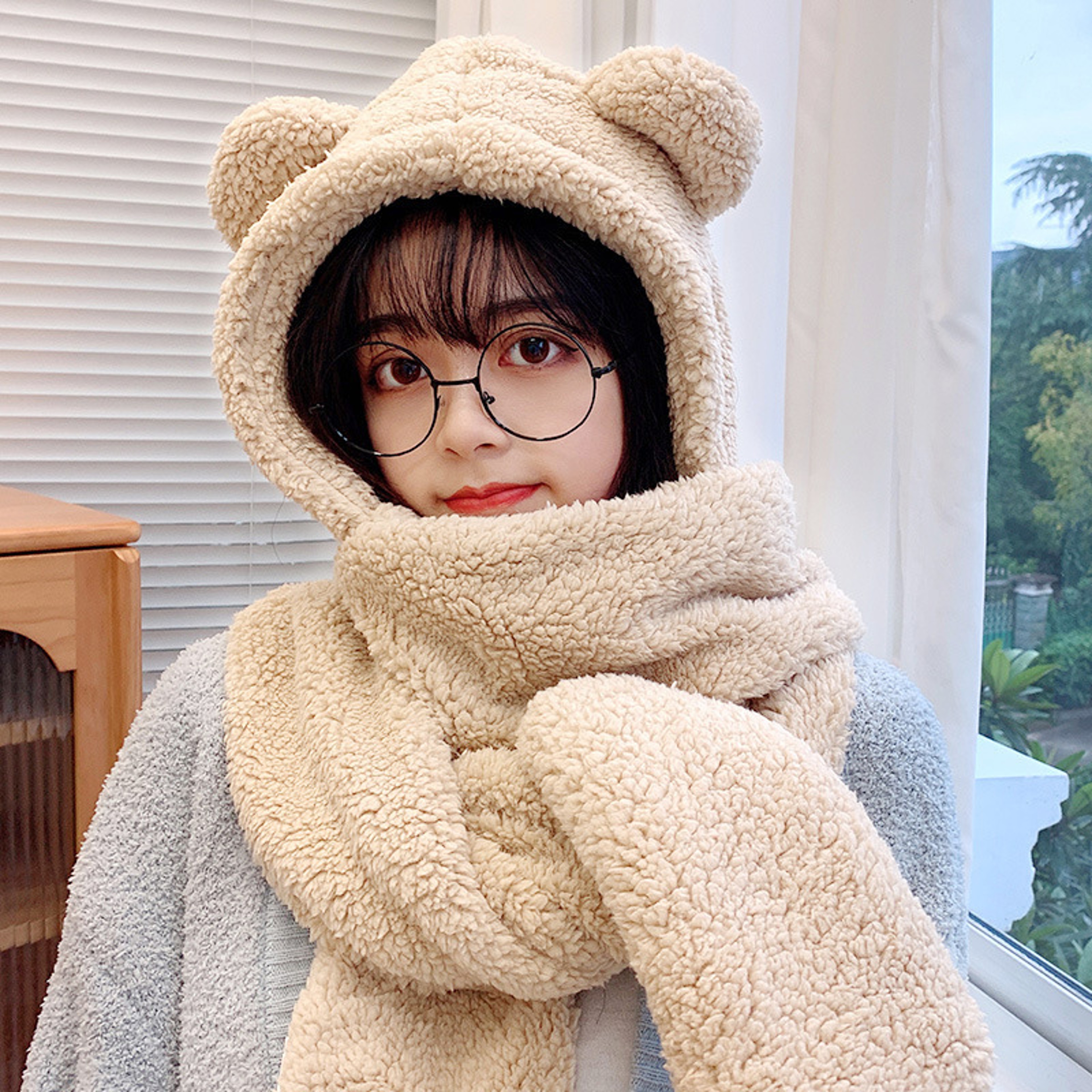 Teddy Bear Winter Hat Scarf Gloves Set Plush Hooded Neck Warmer For Women 2