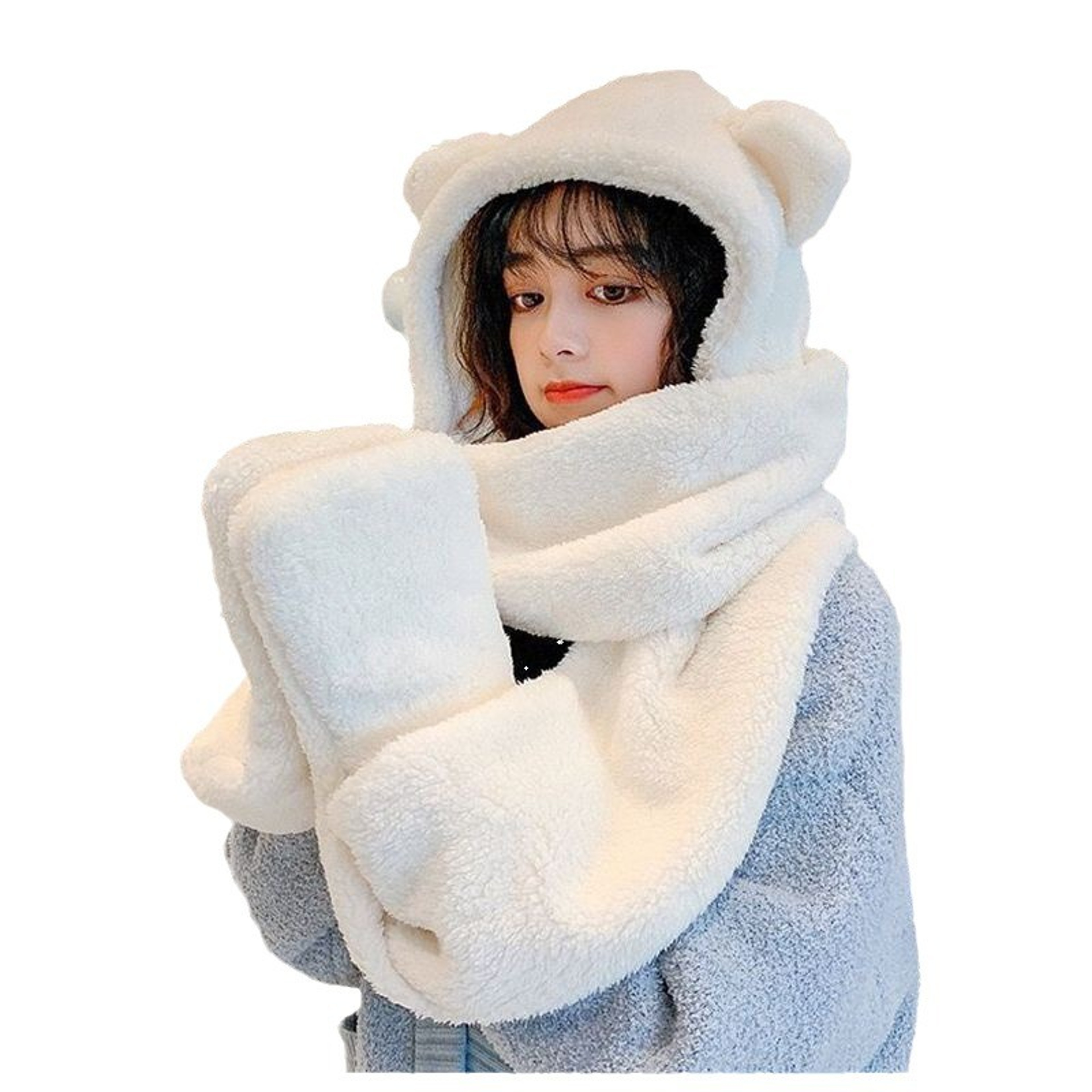 Teddy Bear Winter Hat Scarf Gloves Set Plush Hooded Neck Warmer For Women 0